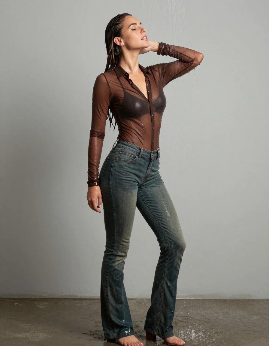 photo of young woman, in soaking wet, drenched clothes,
pumps, dark green oversized floor-length jeans, see-through, brown slim-fit floor-length blouse, see-through, standing in shower, rain, 
enjoying, wet clothes stuck to body,
detailed textures of the wet clothes, wet face, wet plastered hair,
wet, drenched, professional, high-quality details, full body view.
sharp focus, ultra-high pixel detail, realistic, high-quality, full colors, incredibly detailed, 4k, 8k, 16k, hyper-realistic, RAW photo, masterpiece, ultra-detailed, professionally color graded, professional photograph, collar, long sleeves, buttoned, wet clinging hair, long hair, drenched, dripping wet, submerged, full body view, see-through, side view, wet skin, wet clothes, damp fabric