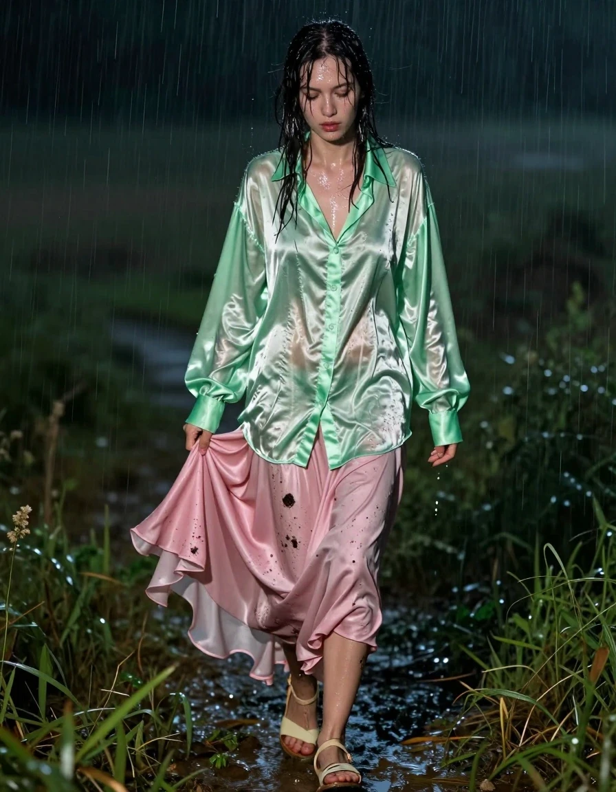 photo of young woman, in soaking wet, drenched clothes,
ruined sandals, pink silk floor length skirt, multiple petticoats, vivid light green satin long sleeved oversized, fully unbuttoned shirt, walking home on the empty fields at night in torrential rain, 
enjoying, wet clothes stuck to body,
detailed textures of the wet clothes, wet face, wet plastered hair,
wet, drenched, professional, high-quality details, full body view.
sharp focus, ultra-high pixel detail, realistic, high-quality, full colors, incredibly detailed, 4k, 8k, 16k, hyper-realistic, RAW photo, masterpiece, ultra-detailed, professionally color graded, professional photograph, nerdy, exhausted, disheveled, holding the edge of her skirt not get muddy, wet skin, wet clothes, damp fabric