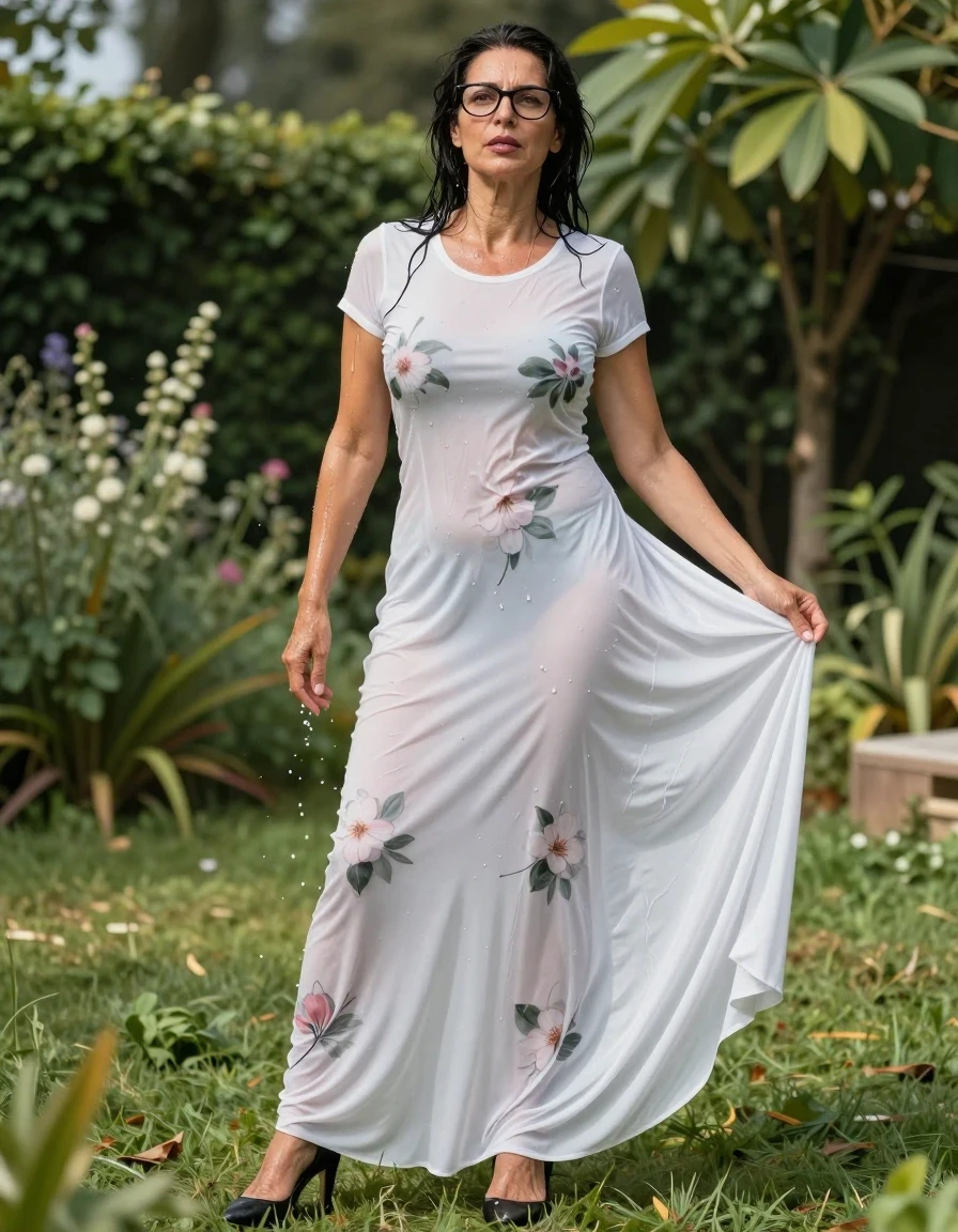 photo of young woman, in soaking wet, drenched clothes,
high black shoes, maxi white floral tight t-shirt dress, maxi white floral tight t-shirt dress, in sunny garden, enjoying wet clothes stuck body, enjoying, wet clothes stuck to body, 
enjoying, wet clothes stuck to body,
detailed textures of the wet clothes, wet face, wet plastered hair,
wet, drenched, professional, high-quality details, full body view.
sharp focus, ultra-high pixel detail, realistic, high-quality, full colors, incredibly detailed, 4k, 8k, 16k, hyper-realistic, RAW photo, masterpiece, ultra-detailed, professionally color graded, professional photograph, europen brunette skinny woman 50 years old, long dark black hair, office glasses, very big and thick lips, complete body, wet skin, wet clothes, damp fabric, wet skin, wet clothes, damp fabric, wet skin, wet clothes, damp fabric, wet skin, wet clothes, damp fabric, wet skin, wet clothes, damp fabric, wet skin, wet clothes, damp fabric, wet skin, wet clothes, damp fabric