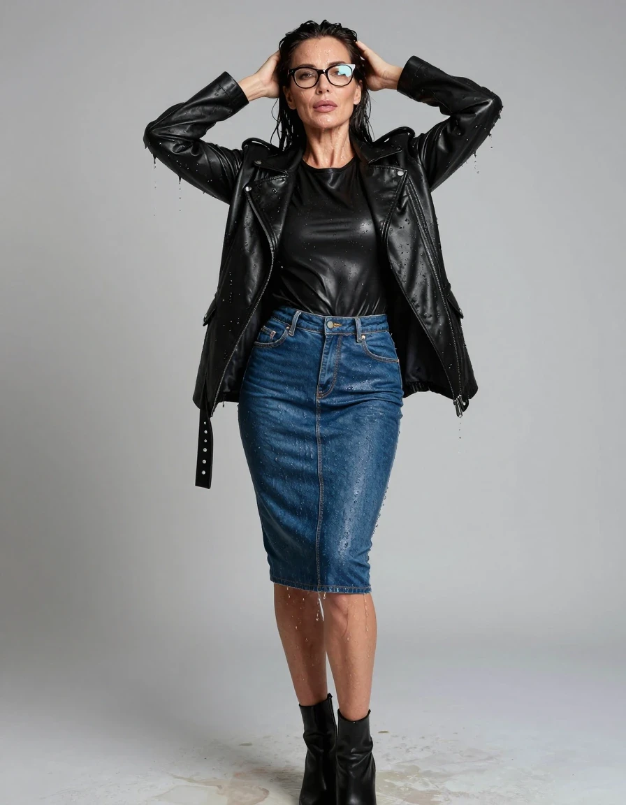 photo of young woman, in soaking wet, drenched clothes,
high heels black boots, long blue tight leather denim skirt, long black tight leather t-shirt, maxi black leather byker jacket, after shower, enjoying wet clothes stuck body, enjoying, wet clothes stuck to body, 
enjoying, wet clothes stuck to body,
detailed textures of the wet clothes, wet face, wet plastered hair,
wet, drenched, professional, high-quality details, full body view.
sharp focus, ultra-high pixel detail, realistic, high-quality, full colors, incredibly detailed, 4k, 8k, 16k, hyper-realistic, RAW photo, masterpiece, ultra-detailed, professionally color graded, professional photograph, europen brunette skinny woman 50 years old, long dark black hair, office glasses, very big and thick lips, complete body, wet skin, wet clothes, damp fabric, wet skin, wet clothes, damp fabric, wet skin, wet clothes, damp fabric, wet skin, wet clothes, damp fabric, wet skin, wet clothes, damp fabric, wet skin, wet clothes, damp fabric, wet skin, wet clothes, damp fabric
