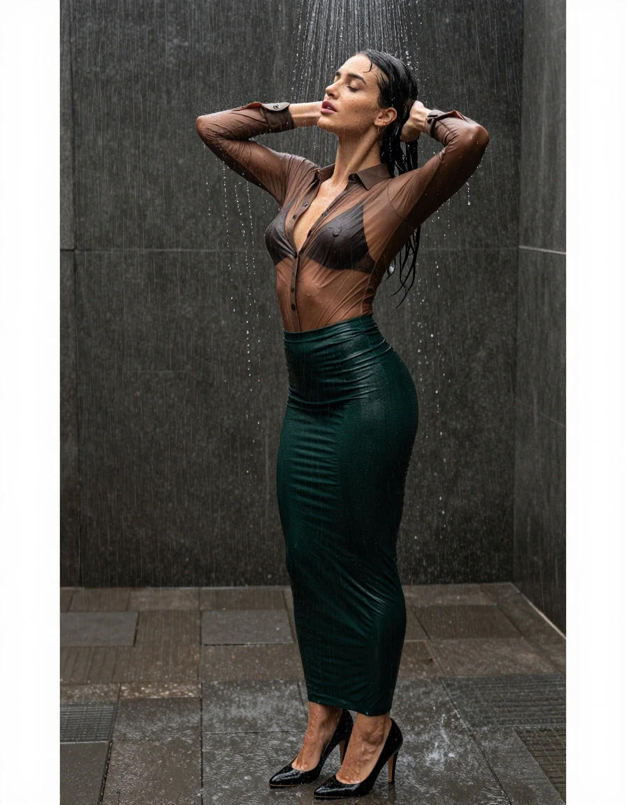 photo of young woman, in soaking wet, drenched clothes,
pumps, dark green slim floor-length skirt, see-through, brown slim floor-length blouse, see-through, standing in shower, rain, 
enjoying, wet clothes stuck to body,
detailed textures of the wet clothes, wet face, wet plastered hair,
wet, drenched, professional, high-quality details, full body view.
sharp focus, ultra-high pixel detail, realistic, high-quality, full colors, incredibly detailed, 4k, 8k, 16k, hyper-realistic, RAW photo, masterpiece, ultra-detailed, professionally color graded, professional photograph, collar, long sleeves, buttoned, wet clinging hair, long hair, drenched, dripping wet, submerged, full body view, see-through, side view, wet skin, wet clothes, damp fabric