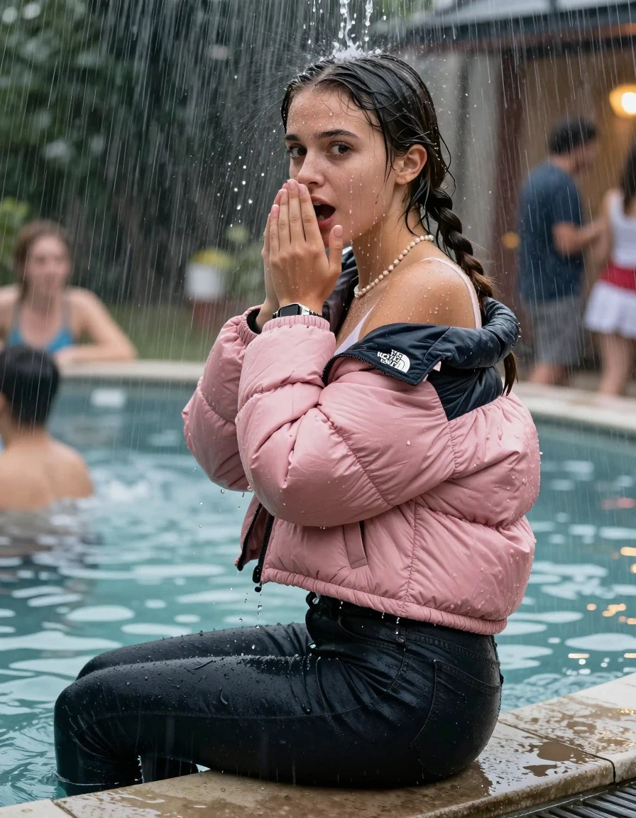 photo of young woman, in soaking wet, drenched clothes,
, Dark skinny jeans, Pink north face puffer down jacket, Open jacket, tight v-neck sweater, shoulderbag, pearl necklace, bracelet, wristwatch, Steaming outdoor jacuzzi at crowded wetlook party, 
enjoying, wet clothes stuck to body,
detailed textures of the wet clothes, wet face, wet plastered hair,
wet, drenched, professional, high-quality details, full body view.
sharp focus, ultra-high pixel detail, realistic, high-quality, full colors, incredibly detailed, 4k, 8k, 16k, hyper-realistic, RAW photo, masterpiece, ultra-detailed, professionally color graded, professional photograph, A realistic vertical fashion photograph taken from a backward, behind-the-back angle of a young cute teenage girl sitting on the edge of the pool while it pours water on her during a heavy storm, facing to the camera to show her back. She is tilting her head at camera, letting the water drench her hair so it is glued flat against her head and body. She has two long braids , completely saturated and dripping wet hair, with water cascading down her face and neck. Afraid and astonished expression. cover her mouth with her hands. open mouth, big eyes. The lighting is bright and cinematic, highlighting the glistening water droplets on her skin and the saturated texture of her  casual clothes. Soft, moody indoor lighting with reflections on the water. High-quality fashion photography style.
her clothing is soaking wet and clinging tightly to her skin, showing heavy wet folds, darkened fabric texture, and deep water-saturated Patches, her clothes are heavy from the water, water runs from her body and her clothes in streams. A lot of water also runs out of her clothes. Her clothes are darkened by the water. 
hyper-realistic wetness, high-contrast water sheen, sharp focus, 16k resolution, professional photography, realistic water physics., wet skin, wet clothes, damp fabric, wet skin, wet clothes, damp fabric, wet skin, wet clothes, damp fabric, wet skin, wet clothes, damp fabric, wet skin, wet clothes, damp fabric, wet skin, wet clothes, damp fabric, wet skin, wet clothes, damp fabric, wet skin, wet clothes, damp fabric, wet skin, wet clothes, damp fabric, wet skin, wet clothes, damp fabric, wet skin, wet clothes, damp fabric, wet skin, wet clothes, damp fabric, wet skin, wet clothes, damp fabric, wet skin, wet clothes, damp fabric, wet skin, wet clothes, damp fabric, wet skin, wet clothes, damp fabric