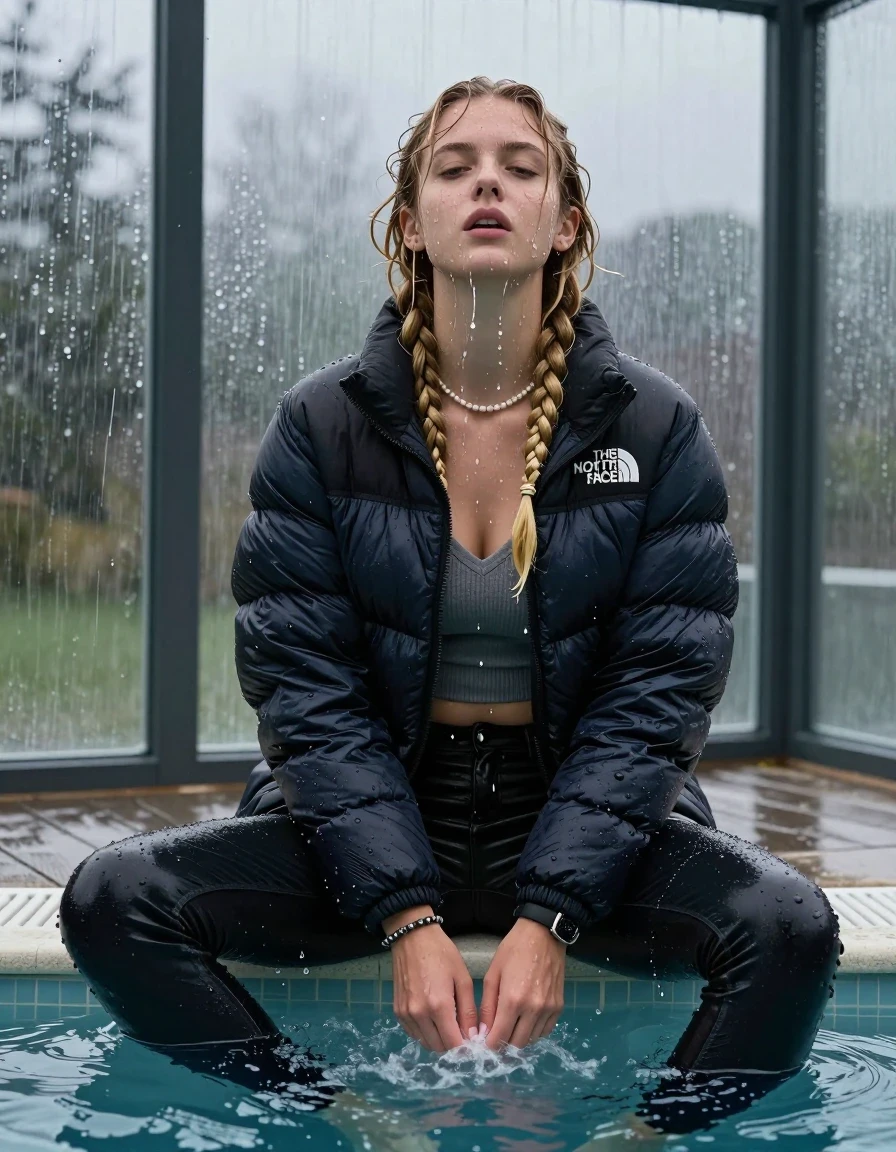 photo of young woman, in soaking wet, drenched clothes,
, Dark skinny jeans,  north face puffer down jacket, Open jacket, tight v-neck sweater, shoulderbag, pearl necklace, bracelet, wristwatch, Steaming indoor jacuzzi , 
enjoying, wet clothes stuck to body,
detailed textures of the wet clothes, wet face, wet plastered hair,
wet, drenched, professional, high-quality details, full body view.
sharp focus, ultra-high pixel detail, realistic, high-quality, full colors, incredibly detailed, 4k, 8k, 16k, hyper-realistic, RAW photo, masterpiece, ultra-detailed, professionally color graded, professional photograph, A realistic vertical fashion photograph of a 15-year-old teenage girl sitting  in a glass-walled outdoor swimming pool, legs apart, masturbating with her hands, looking up to the camera. She is tilting her head at camera, letting the water drench her hair so it is glued flat against her head and body. She has two blonde long braids , completely saturated and dripping wet hair, with water cascading down her face and neck. Horny and aroused expression. open mouth, closed eyes. The lighting is bright and cinematic, highlighting the glistening water droplets on her skin and the saturated texture of her  casual clothes. Outside the large glass wall of the pool building, heavy rain is visible falling against the window. Soft, moody indoor lighting with reflections on the water. High-quality fashion photography style.
her clothing is soaking wet and clinging tightly to her skin, showing heavy wet folds, darkened fabric texture, and deep water-saturated Patches, her clothes are heavy from the water, water runs from her body and her clothes in streams. A lot of water also runs out of her clothes. Her clothes are darkened by the water. 
hyper-realistic wetness, high-contrast water sheen, sharp focus, 16k resolution, professional photography, realistic water physics., wet skin, wet clothes, damp fabric, wet skin, wet clothes, damp fabric, wet skin, wet clothes, damp fabric, wet skin, wet clothes, damp fabric, wet skin, wet clothes, damp fabric, wet skin, wet clothes, damp fabric, wet skin, wet clothes, damp fabric, wet skin, wet clothes, damp fabric, wet skin, wet clothes, damp fabric, wet skin, wet clothes, damp fabric, wet skin, wet clothes, damp fabric, wet skin, wet clothes, damp fabric, wet skin, wet clothes, damp fabric, wet skin, wet clothes, damp fabric, wet skin, wet clothes, damp fabric, wet skin, wet clothes, damp fabric