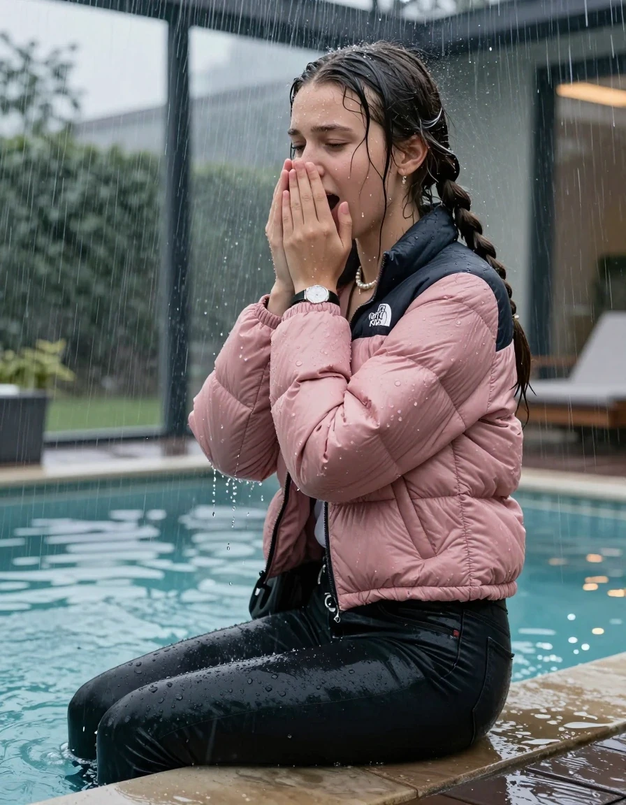 photo of young woman, in soaking wet, drenched clothes,
, Dark skinny jeans, Pink north face puffer down jacket, Open jacket, tight v-neck sweater, shoulderbag, pearl necklace, bracelet, wristwatch, Steaming outdoor jacuzzi , 
enjoying, wet clothes stuck to body,
detailed textures of the wet clothes, wet face, wet plastered hair,
wet, drenched, professional, high-quality details, full body view.
sharp focus, ultra-high pixel detail, realistic, high-quality, full colors, incredibly detailed, 4k, 8k, 16k, hyper-realistic, RAW photo, masterpiece, ultra-detailed, professionally color graded, professional photograph, A realistic vertical fashion photograph taken from a backward, behind-the-back angle of a 15-year-old teenage girl sitting on the edge of the pool while it pours water on her during a heavy storm, facing to the camera to show her back. She is tilting her head at camera, letting the water drench her hair so it is glued flat against her head and body. She has two long braids , completely saturated and dripping wet hair, with water cascading down her face and neck. Afraid and astonished expression. cover her nose with her hands. open mouth, closed eyes. The lighting is bright and cinematic, highlighting the glistening water droplets on her skin and the saturated texture of her  casual clothes. Outside the large glass wall of the pool building, heavy rain is visible falling against the window. Soft, moody indoor lighting with reflections on the water. High-quality fashion photography style.
her clothing is soaking wet and clinging tightly to her skin, showing heavy wet folds, darkened fabric texture, and deep water-saturated Patches, her clothes are heavy from the water, water runs from her body and her clothes in streams. A lot of water also runs out of her clothes. Her clothes are darkened by the water. 
hyper-realistic wetness, high-contrast water sheen, sharp focus, 16k resolution, professional photography, realistic water physics., wet skin, wet clothes, damp fabric, wet skin, wet clothes, damp fabric, wet skin, wet clothes, damp fabric, wet skin, wet clothes, damp fabric, wet skin, wet clothes, damp fabric, wet skin, wet clothes, damp fabric, wet skin, wet clothes, damp fabric, wet skin, wet clothes, damp fabric, wet skin, wet clothes, damp fabric, wet skin, wet clothes, damp fabric, wet skin, wet clothes, damp fabric, wet skin, wet clothes, damp fabric, wet skin, wet clothes, damp fabric, wet skin, wet clothes, damp fabric, wet skin, wet clothes, damp fabric, wet skin, wet clothes, damp fabric