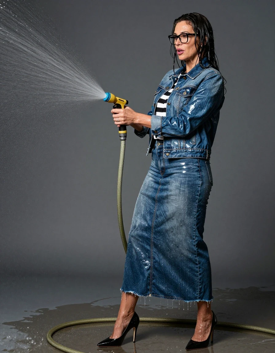 photo of young woman, in soaking wet, drenched clothes,
high-heeled shoes, shiny blue denim maxi skirt, shiny black & wihite striped sweater, maxi shiny blue denim jacket, spraying each other with the hose, enjoying wet clothes stuck body, enjoying, wet clothes stuck to body, 
enjoying, wet clothes stuck to body,
detailed textures of the wet clothes, wet face, wet plastered hair,
wet, drenched, professional, high-quality details, full body view.
sharp focus, ultra-high pixel detail, realistic, high-quality, full colors, incredibly detailed, 4k, 8k, 16k, hyper-realistic, RAW photo, masterpiece, ultra-detailed, professionally color graded, professional photograph, europen brunette skinny woman 50 years old, long dark black hair, office glasses, very big and thick lips, complete body, wet skin, wet clothes, damp fabric, wet skin, wet clothes, damp fabric, wet skin, wet clothes, damp fabric, wet skin, wet clothes, damp fabric, wet skin, wet clothes, damp fabric, wet skin, wet clothes, damp fabric, wet skin, wet clothes, damp fabric