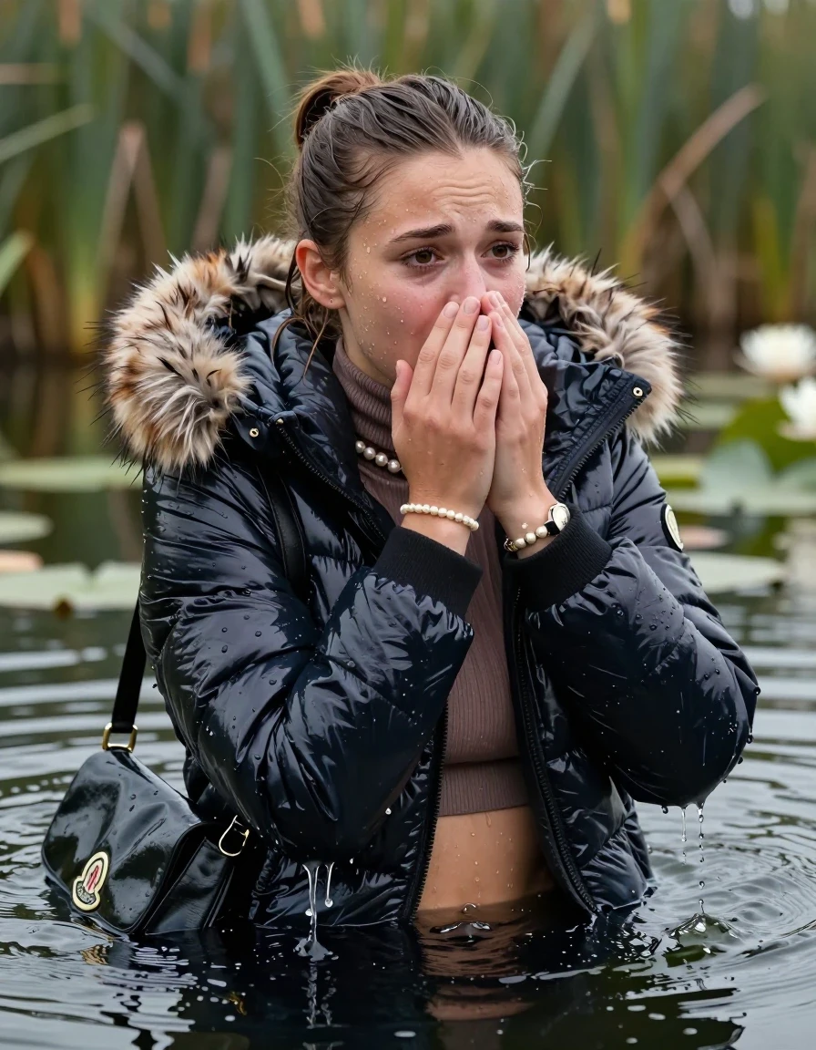 photo of young woman, in soaking wet, drenched clothes,
, , Moncler shiny puffer down jacket with fur, open jacket,  tight turtleneck sweater belly free, shoulderbag, pearl necklace, bracelet, wristwatch, Swimming and sinking deep into the water after diving in a lake with water lilies and reeds, 
enjoying, wet clothes stuck to body,
detailed textures of the wet clothes, wet face, wet plastered hair,
wet, drenched, professional, high-quality details, full body view.
sharp focus, ultra-high pixel detail, realistic, high-quality, full colors, incredibly detailed, 4k, 8k, 16k, hyper-realistic, RAW photo, masterpiece, ultra-detailed, professionally color graded, professional photograph, Sleek ponytail 

15 years old  teenage girl

Looking up at camera, Whole body and shoulders are submerged under the surface. horny eyes.

she is completely underwater up to her neck,  crying and astonished expression. 

Leaning back. Hands over mouth and nose. 

her submerged clothes are hardly vusible under water, she soaked her handbag into the water
she is completely underwater up to her neck, afraid and astonished expression. 

her clothing is soaking wet and clinging tightly to her skin, showing heavy wet folds, darkened fabric texture, and deep water-saturated Patches, her clothes are heavy from the water, water runs from her body and her clothes in streams. A lot of water also runs out of her clothes. Her clothes are darkened by the water. Her submerged clothes are good visible under the water.  she soaked her handbag into the water.

close up view, wet skin, wet clothes, wet hair, damp fabric, water runs down the clothes, wet skin, wet clothes, damp fabric. cinematic medium shot, hyper-realistic wetness, high-contrast water sheen, sharp focus, 16k resolution, professional photography, realistic water physics., wet skin, wet clothes, damp fabric, wet skin, wet clothes, damp fabric, wet skin, wet clothes, damp fabric, wet skin, wet clothes, damp fabric, wet skin, wet clothes, damp fabric