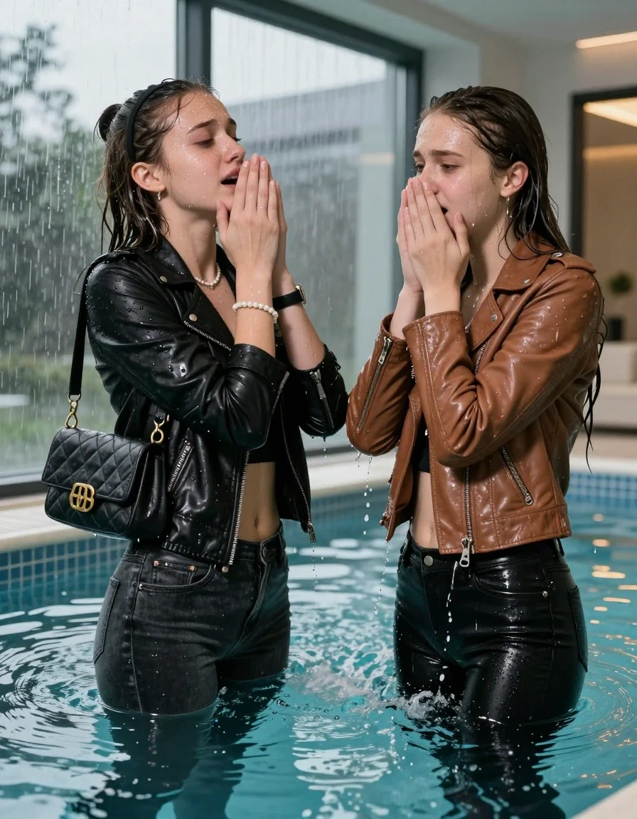 photo of young woman, in soaking wet, drenched clothes,
, Dark skinny jeans, Black leatherjacket with fur, Open jacket, tight v-neck sweater, shoulderbag, pearl necklace, bracelet, wristwatch, Swimming and sinking deep into the water after diving in Steaming indoor jacuzzi , 
enjoying, wet clothes stuck to body,
detailed textures of the wet clothes, wet face, wet plastered hair,
wet, drenched, professional, high-quality details, full body view.
sharp focus, ultra-high pixel detail, realistic, high-quality, full colors, incredibly detailed, 4k, 8k, 16k, hyper-realistic, RAW photo, masterpiece, ultra-detailed, professionally color graded, professional photograph, A realistic vertical fashion photograph of two 15-year-old teenage girls deep submerged in a glass-walled indoor swimming pool facing away from the camera to show her back. Leaning foreward. One cover her nose with her hands. One cover her mouth with her hands. She is tilting her head up, letting the water drench her hair so it is glued flat against her head and body. She has Sleek  straight long hair with hairband and one has a sleek ponytail, completely saturated and dripping wet hair, with water cascading down her face and neck, crying and astonished expression. The lighting is bright and cinematic, highlighting the glistening water droplets on her skin and the saturated texture of her  casual clothes.  Open mouth, half closed eyes. One wears a black leatherjacket and dark levis skinny jeans. One wears a light brown leatherjacket and black skinny jeans.
The clothing of both girls are soaking wet and clinging tightly to her skin, showing heavy wet folds, darkened fabric texture, and deep water-saturated Patches, her clothes are heavy from the water, water runs from her body and her clothes in streams. A lot of water also runs out of her clothes. Her clothes are darkened by the water. 

Outside the large glass wall of the pool building, heavy rain is visible falling against the window. Soft, moody indoor lighting with reflections on the water. High-quality fashion photography style.
hyper-realistic wetness, high-contrast water sheen, sharp focus, 16k resolution, professional photography, realistic water physics., wet skin, wet clothes, damp fabric, wet skin, wet clothes, damp fabric, wet skin, wet clothes, damp fabric, wet skin, wet clothes, damp fabric, wet skin, wet clothes, damp fabric, wet skin, wet clothes, damp fabric, wet skin, wet clothes, damp fabric, wet skin, wet clothes, damp fabric, wet skin, wet clothes, damp fabric, wet skin, wet clothes, damp fabric, wet skin, wet clothes, damp fabric, wet skin, wet clothes, damp fabric, wet skin, wet clothes, damp fabric, wet skin, wet clothes, damp fabric, wet skin, wet clothes, damp fabric, wet skin, wet clothes, damp fabric, wet skin, wet clothes, damp fabric, wet skin, wet clothes, damp fabric, wet skin, wet clothes, damp fabric