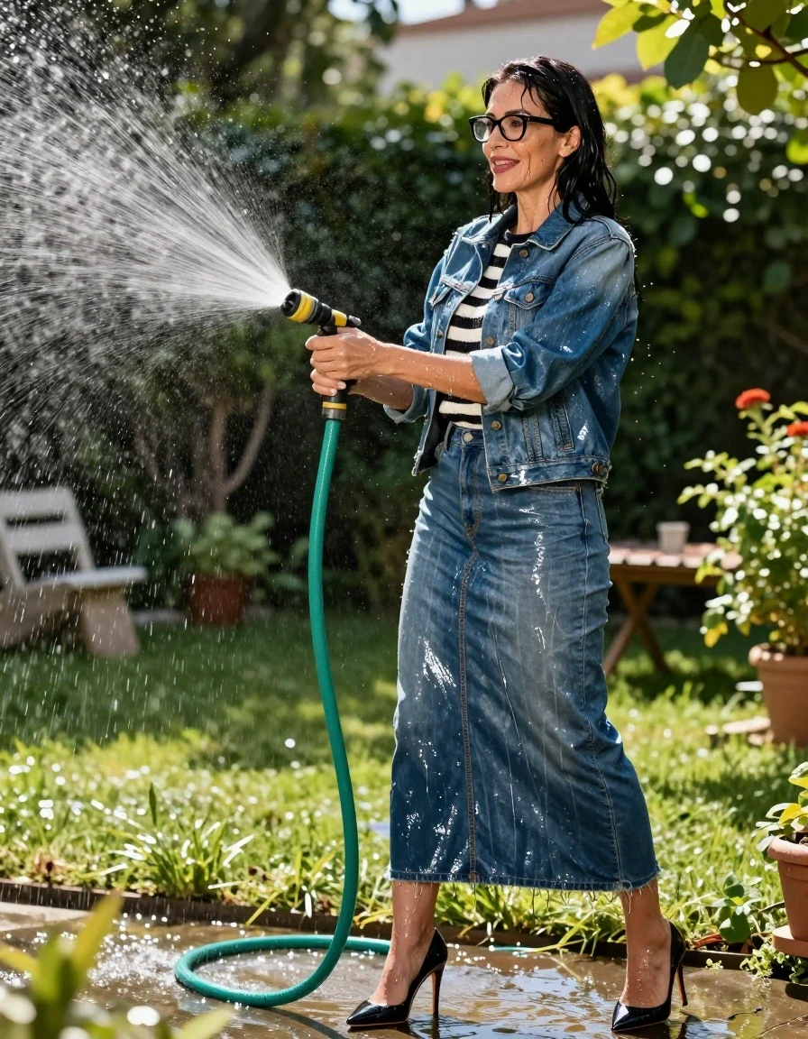 photo of young woman, in soaking wet, drenched clothes,
high-heeled shoes, shiny blue denim maxi skirt, shiny black & wihite striped sweater, maxi shiny blue denim jacket, in sunny garden, spraying each other with the hose, enjoying wet clothes stuck body, enjoying, wet clothes stuck to body, 
enjoying, wet clothes stuck to body,
detailed textures of the wet clothes, wet face, wet plastered hair,
wet, drenched, professional, high-quality details, full body view.
sharp focus, ultra-high pixel detail, realistic, high-quality, full colors, incredibly detailed, 4k, 8k, 16k, hyper-realistic, RAW photo, masterpiece, ultra-detailed, professionally color graded, professional photograph, europen brunette skinny woman 50 years old, long dark black hair, office glasses, very big and thick lips, complete body, wet skin, wet clothes, damp fabric, wet skin, wet clothes, damp fabric, wet skin, wet clothes, damp fabric, wet skin, wet clothes, damp fabric, wet skin, wet clothes, damp fabric, wet skin, wet clothes, damp fabric, wet skin, wet clothes, damp fabric