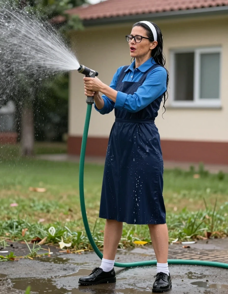 photo of young woman, in soaking wet, drenched clothes,
black shoes, white socks, long School blue pinafore to wear over a blue long-sleeved shirt, long School blue pinafore to wear over a blue long-sleeved shirt, spraying each other with the hose in the schoolyard, enjoying wet clothes stuck body, enjoying, wet clothes stuck to body, 
enjoying, wet clothes stuck to body,
detailed textures of the wet clothes, wet face, wet plastered hair,
wet, drenched, professional, high-quality details, full body view.
sharp focus, ultra-high pixel detail, realistic, high-quality, full colors, incredibly detailed, 4k, 8k, 16k, hyper-realistic, RAW photo, masterpiece, ultra-detailed, professionally color graded, professional photograph, europen brunette skinny woman 50 years old, long dark black hair,white headband, office glasses, very big and thick lips, complete body, wet skin, wet clothes, damp fabric, wet skin, wet clothes, damp fabric, wet skin, wet clothes, damp fabric, wet skin, wet clothes, damp fabric, wet skin, wet clothes, damp fabric, wet skin, wet clothes, damp fabric, wet skin, wet clothes, damp fabric