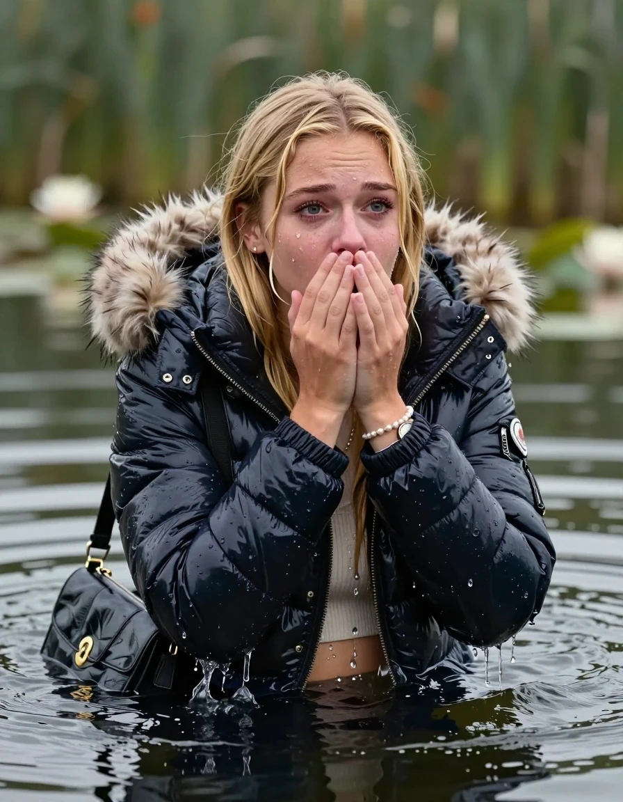 photo of young woman, in soaking wet, drenched clothes,
, , Moncler shiny puffer down jacket with fur, open jacket,  tight turtleneck sweater belly free, shoulderbag, pearl necklace, bracelet, wristwatch, Swimming and sinking deep into the water after diving in a lake with water lilies and reeds, 
enjoying, wet clothes stuck to body,
detailed textures of the wet clothes, wet face, wet plastered hair,
wet, drenched, professional, high-quality details, full body view.
sharp focus, ultra-high pixel detail, realistic, high-quality, full colors, incredibly detailed, 4k, 8k, 16k, hyper-realistic, RAW photo, masterpiece, ultra-detailed, professionally color graded, professional photograph, blonde Sleek long straight hair, birkin bangs

15 years old  teenage girl

Looking up at camera, Whole body and shoulders are submerged under the surface. horny eyes. Make-up.

she is completely underwater up to her neck,  crying and astonished expression. 

Leaning back. Hands over mouth and nose. 

her submerged clothes are hardly vusible under water, she soaked her handbag into the water
she is completely underwater up to her neck, afraid and astonished expression. 

her clothing is soaking wet and clinging tightly to her skin, showing heavy wet folds, darkened fabric texture, and deep water-saturated Patches, her clothes are heavy from the water, water runs from her body and her clothes in streams. A lot of water also runs out of her clothes. Her clothes are darkened by the water. Her submerged clothes are good visible under the water.  she soaked her handbag into the water.

close up view, wet skin, wet clothes, wet hair, damp fabric, water runs down the clothes, wet skin, wet clothes, damp fabric. cinematic medium shot, hyper-realistic wetness, high-contrast water sheen, sharp focus, 16k resolution, professional photography, realistic water physics., wet skin, wet clothes, damp fabric, wet skin, wet clothes, damp fabric, wet skin, wet clothes, damp fabric, wet skin, wet clothes, damp fabric, wet skin, wet clothes, damp fabric