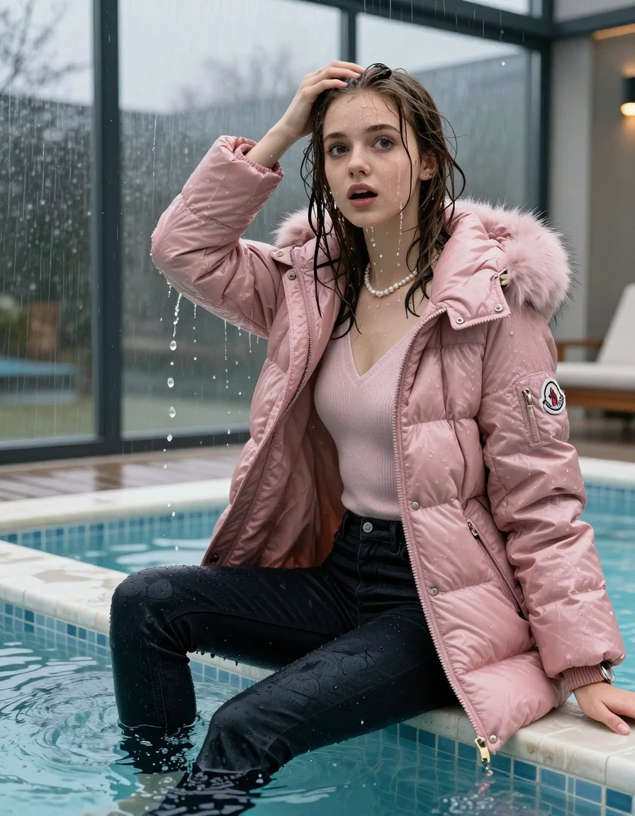photo of young woman, in soaking wet, drenched clothes,
, Dark skinny jeans, pink moncler long shiny puffer down coat with fur, Open jacket, tight v-neck sweater, shoulderbag, pearl necklace, bracelet, wristwatch, Steaming indoor jacuzzi , 
enjoying, wet clothes stuck to body,
detailed textures of the wet clothes, wet face, wet plastered hair,
wet, drenched, professional, high-quality details, full body view.
sharp focus, ultra-high pixel detail, realistic, high-quality, full colors, incredibly detailed, 4k, 8k, 16k, hyper-realistic, RAW photo, masterpiece, ultra-detailed, professionally color graded, professional photograph, A realistic vertical fashion photograph taken from a backward, behind-the-back angle of a 15-year-old teenage girl sitting  in a glass-walled outdoor swimming pool, facing to the camera to show her back. She is tilting her head at camera, letting the water drench her hair so it is glued flat against her head and body. She has a brunette classic bob, completely saturated and dripping wet hair, with water cascading down her face and neck. Afraid and astonished expression. She hold a hand in front of her head. open mouth, big eyes. The lighting is bright and cinematic, highlighting the glistening water droplets on her skin and the saturated texture of her  casual clothes. Outside the large glass wall of the pool building, heavy rain is visible falling against the window. Soft, moody indoor lighting with reflections on the water. High-quality fashion photography style.
her clothing is soaking wet and clinging tightly to her skin, showing heavy wet folds, darkened fabric texture, and deep water-saturated Patches, her clothes are heavy from the water, water runs from her body and her clothes in streams. A lot of water also runs out of her clothes. Her clothes are darkened by the water. 
hyper-realistic wetness, high-contrast water sheen, sharp focus, 16k resolution, professional photography, realistic water physics., wet skin, wet clothes, damp fabric, wet skin, wet clothes, damp fabric, wet skin, wet clothes, damp fabric, wet skin, wet clothes, damp fabric, wet skin, wet clothes, damp fabric, wet skin, wet clothes, damp fabric, wet skin, wet clothes, damp fabric, wet skin, wet clothes, damp fabric, wet skin, wet clothes, damp fabric, wet skin, wet clothes, damp fabric, wet skin, wet clothes, damp fabric, wet skin, wet clothes, damp fabric, wet skin, wet clothes, damp fabric, wet skin, wet clothes, damp fabric, wet skin, wet clothes, damp fabric, wet skin, wet clothes, damp fabric, wet skin, wet clothes, damp fabric, wet skin, wet clothes, damp fabric