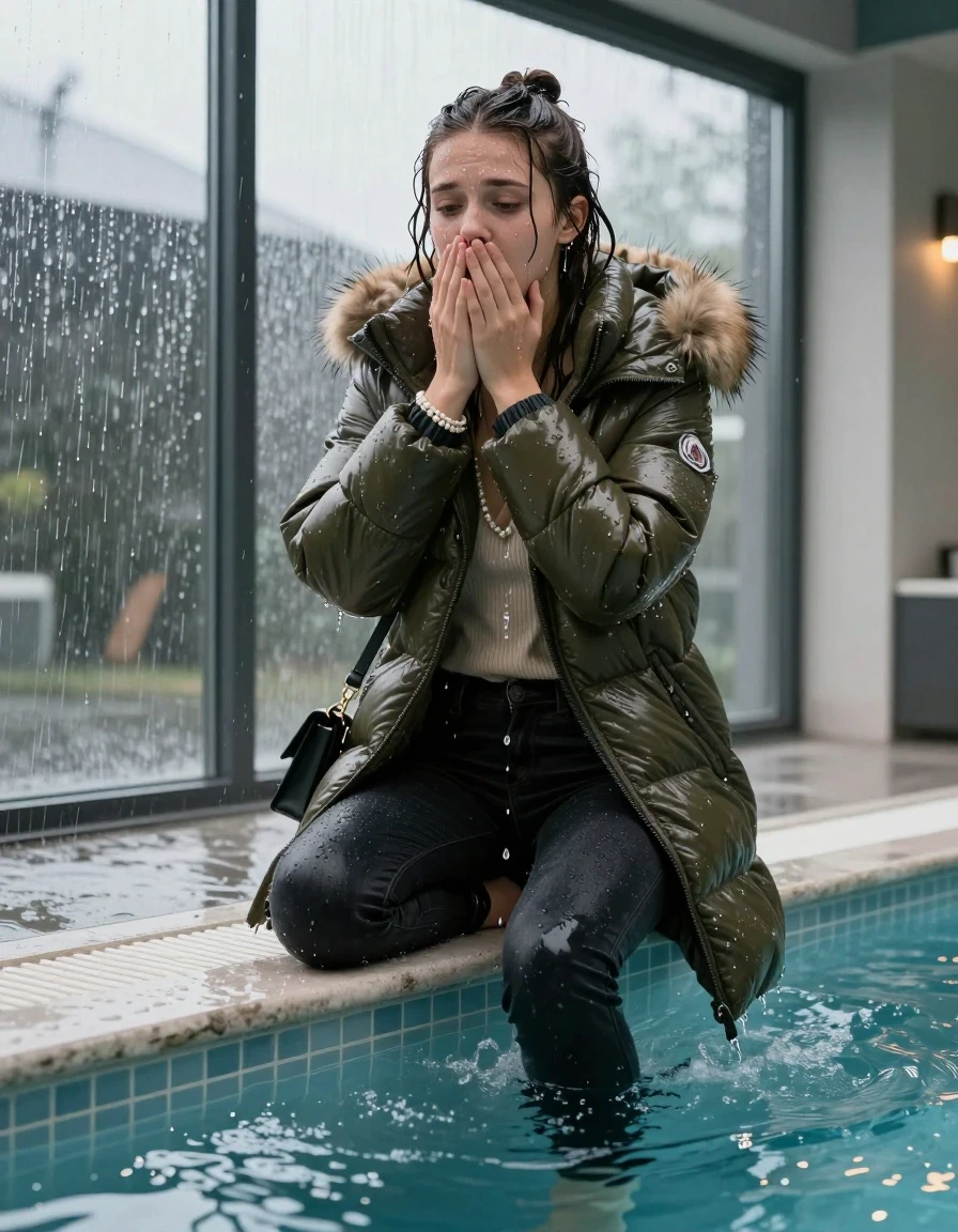 photo of young woman, in soaking wet, drenched clothes,
black heels, Dark skinny jeans, olive moncler long shiny puffer down coat with fur, Open jacket, tight v-neck sweater, shoulderbag, pearl necklace, bracelet, wristwatch, Steaming indoor jacuzzi , 
enjoying, wet clothes stuck to body,
detailed textures of the wet clothes, wet face, wet plastered hair,
wet, drenched, professional, high-quality details, full body view.
sharp focus, ultra-high pixel detail, realistic, high-quality, full colors, incredibly detailed, 4k, 8k, 16k, hyper-realistic, RAW photo, masterpiece, ultra-detailed, professionally color graded, professional photograph, A realistic vertical fashion photograph of a 15-year-old teenage girl slides back from the edge into the water of a glass-walled outdoor swimming pool, facing up to show her back. She is tilting her head at camera, letting the water drench her hair so it is glued flat against her head and body. She has half-up hair with a topknot, completely saturated and dripping wet hair, with water cascading down her face and neck. Afraid and astonished expression. She hold her hands over her mouth. half closed eyes eyes. The lighting is bright and cinematic, highlighting the glistening water droplets on her skin and the saturated texture of her  casual clothes. Outside the large glass wall of the pool building, heavy rain is visible falling against the window. Soft, moody indoor lighting with reflections on the water. High-quality fashion photography style.
her clothing is soaking wet and clinging tightly to her skin, showing heavy wet folds, darkened fabric texture, and deep water-saturated Patches, her clothes are heavy from the water, water runs from her body and her clothes in streams. A lot of water also runs out of her clothes. Her clothes are darkened by the water. 
hyper-realistic wetness, high-contrast water sheen, sharp focus, 16k resolution, professional photography, realistic water physics., wet skin, wet clothes, damp fabric, wet skin, wet clothes, damp fabric, wet skin, wet clothes, damp fabric, wet skin, wet clothes, damp fabric, wet skin, wet clothes, damp fabric, wet skin, wet clothes, damp fabric, wet skin, wet clothes, damp fabric, wet skin, wet clothes, damp fabric, wet skin, wet clothes, damp fabric, wet skin, wet clothes, damp fabric, wet skin, wet clothes, damp fabric, wet skin, wet clothes, damp fabric, wet skin, wet clothes, damp fabric, wet skin, wet clothes, damp fabric, wet skin, wet clothes, damp fabric, wet skin, wet clothes, damp fabric, wet skin, wet clothes, damp fabric, wet skin, wet clothes, damp fabric