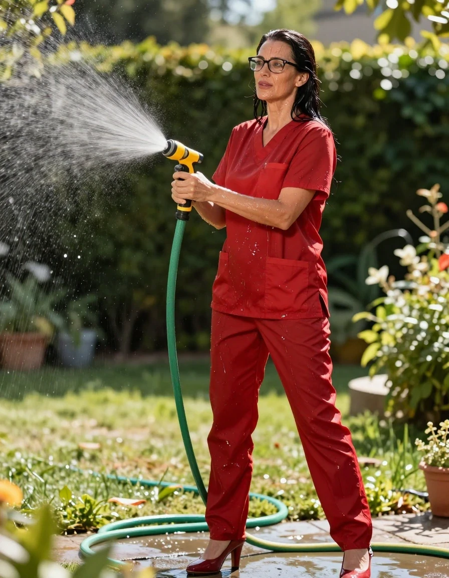 photo of young woman, in soaking wet, drenched clothes,
high-heeled shoes, red scrubs, red scrubs, spraying each other with the hose in the sunny garden, enjoying wet clothes stuck body, enjoying, wet clothes stuck to body, 
enjoying, wet clothes stuck to body,
detailed textures of the wet clothes, wet face, wet plastered hair,
wet, drenched, professional, high-quality details, full body view.
sharp focus, ultra-high pixel detail, realistic, high-quality, full colors, incredibly detailed, 4k, 8k, 16k, hyper-realistic, RAW photo, masterpiece, ultra-detailed, professionally color graded, professional photograph, europen brunette skinny woman 50 years old, long dark black hair, office glasses, very big and thick lips, complete body, wet skin, wet clothes, damp fabric, wet skin, wet clothes, damp fabric, wet skin, wet clothes, damp fabric, wet skin, wet clothes, damp fabric, wet skin, wet clothes, damp fabric, wet skin, wet clothes, damp fabric, wet skin, wet clothes, damp fabric