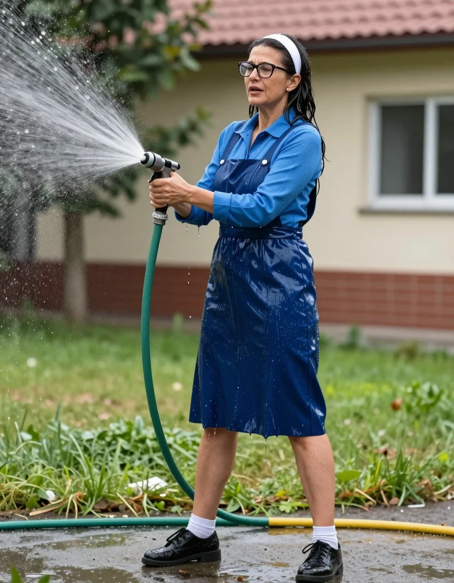 photo of young woman, in soaking wet, drenched clothes,
black shoes, white socks, long School blue pinafore to wear over a blue long-sleeved shirt, long School blue pinafore to wear over a blue long-sleeved shirt, spraying each other with the hose in the schoolyard, enjoying wet clothes stuck body, enjoying, wet clothes stuck to body, 
enjoying, wet clothes stuck to body,
detailed textures of the wet clothes, wet face, wet plastered hair,
wet, drenched, professional, high-quality details, full body view.
sharp focus, ultra-high pixel detail, realistic, high-quality, full colors, incredibly detailed, 4k, 8k, 16k, hyper-realistic, RAW photo, masterpiece, ultra-detailed, professionally color graded, professional photograph, europen brunette skinny woman 50 years old, long dark black hair,white headband, office glasses, very big and thick lips, complete body, wet skin, wet clothes, damp fabric, wet skin, wet clothes, damp fabric, wet skin, wet clothes, damp fabric, wet skin, wet clothes, damp fabric, wet skin, wet clothes, damp fabric, wet skin, wet clothes, damp fabric, wet skin, wet clothes, damp fabric