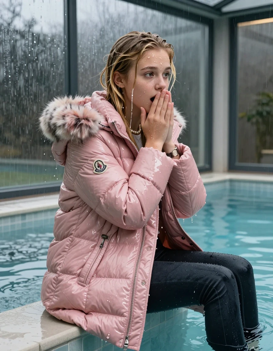 photo of young woman, in soaking wet, drenched clothes,
, Dark skinny jeans, pink moncler long shiny puffer down coat with fur, Open jacket, tight v-neck sweater, shoulderbag, pearl necklace, bracelet, wristwatch, Steaming indoor jacuzzi , 
enjoying, wet clothes stuck to body,
detailed textures of the wet clothes, wet face, wet plastered hair,
wet, drenched, professional, high-quality details, full body view.
sharp focus, ultra-high pixel detail, realistic, high-quality, full colors, incredibly detailed, 4k, 8k, 16k, hyper-realistic, RAW photo, masterpiece, ultra-detailed, professionally color graded, professional photograph, A realistic vertical fashion photograph taken from a backward, behind-the-back angle of a 15-year-old teenage girl sitting  in a glass-walled outdoor swimming pool, facing to the camera to show her back. She is tilting her head at camera, letting the water drench her hair so it is glued flat against her head and body. She has blonde sleek long straight hair with middle parting, completely saturated and dripping wet hair, with water cascading down her face and neck. Afraid and astonished expression. cover her mouth with her hands. open mouth, big eyes. The lighting is bright and cinematic, highlighting the glistening water droplets on her skin and the saturated texture of her  casual clothes. Outside the large glass wall of the pool building, heavy rain is visible falling against the window. Soft, moody indoor lighting with reflections on the water. High-quality fashion photography style.
her clothing is soaking wet and clinging tightly to her skin, showing heavy wet folds, darkened fabric texture, and deep water-saturated Patches, her clothes are heavy from the water, water runs from her body and her clothes in streams. A lot of water also runs out of her clothes. Her clothes are darkened by the water. 
hyper-realistic wetness, high-contrast water sheen, sharp focus, 16k resolution, professional photography, realistic water physics., wet skin, wet clothes, damp fabric, wet skin, wet clothes, damp fabric, wet skin, wet clothes, damp fabric, wet skin, wet clothes, damp fabric, wet skin, wet clothes, damp fabric, wet skin, wet clothes, damp fabric, wet skin, wet clothes, damp fabric, wet skin, wet clothes, damp fabric, wet skin, wet clothes, damp fabric, wet skin, wet clothes, damp fabric, wet skin, wet clothes, damp fabric, wet skin, wet clothes, damp fabric, wet skin, wet clothes, damp fabric, wet skin, wet clothes, damp fabric, wet skin, wet clothes, damp fabric, wet skin, wet clothes, damp fabric, wet skin, wet clothes, damp fabric, wet skin, wet clothes, damp fabric