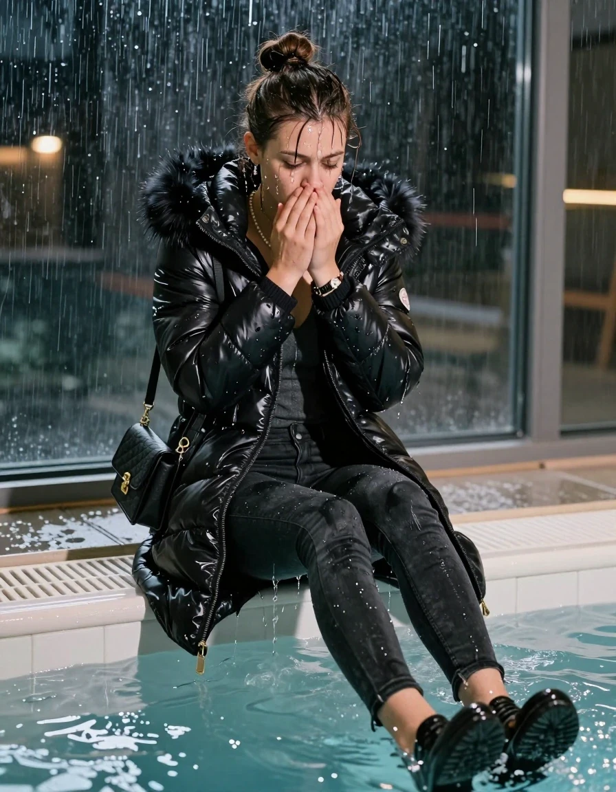 photo of young woman, in soaking wet, drenched clothes,
black heels, Dark skinny jeans, black moncler long shiny puffer down coat with fur, Open jacket, tight v-neck sweater, shoulderbag, pearl necklace, bracelet, wristwatch, Steaming indoor jacuzzi at night, warm lightning, 
enjoying, wet clothes stuck to body,
detailed textures of the wet clothes, wet face, wet plastered hair,
wet, drenched, professional, high-quality details, full body view.
sharp focus, ultra-high pixel detail, realistic, high-quality, full colors, incredibly detailed, 4k, 8k, 16k, hyper-realistic, RAW photo, masterpiece, ultra-detailed, professionally color graded, professional photograph, A realistic vertical fashion photograph of a 15-year-old teenage girl slides back from the edge into the water of a steaming indoor jacuzzi, facing down to show her back. She is tilting her head at camera, letting the water drench her hair so it is glued flat against her head and body. She has a topknot, completely saturated and dripping wet hair, with water cascading down her face and neck. Afraid and astonished expression. She hold her hands over her mouth and nose. half closed eyes eyes. The lighting is bright and cinematic, highlighting the glistening water droplets on her skin and the saturated texture of her  casual clothes. Outside the large glass wall of the pool building, heavy rain is visible falling against the window. Soft, moody indoor lighting with reflections on the water. High-quality fashion photography style.
her clothing is soaking wet and clinging tightly to her skin, showing heavy wet folds, darkened fabric texture, and deep water-saturated Patches, her clothes are heavy from the water, water runs from her body and her clothes in streams. A lot of water also runs out of her clothes. Her clothes are darkened by the water. 
hyper-realistic wetness, high-contrast water sheen, sharp focus, 16k resolution, professional photography, realistic water physics., wet skin, wet clothes, damp fabric, wet skin, wet clothes, damp fabric, wet skin, wet clothes, damp fabric, wet skin, wet clothes, damp fabric, wet skin, wet clothes, damp fabric, wet skin, wet clothes, damp fabric, wet skin, wet clothes, damp fabric, wet skin, wet clothes, damp fabric, wet skin, wet clothes, damp fabric, wet skin, wet clothes, damp fabric, wet skin, wet clothes, damp fabric, wet skin, wet clothes, damp fabric, wet skin, wet clothes, damp fabric, wet skin, wet clothes, damp fabric, wet skin, wet clothes, damp fabric, wet skin, wet clothes, damp fabric, wet skin, wet clothes, damp fabric, wet skin, wet clothes, damp fabric