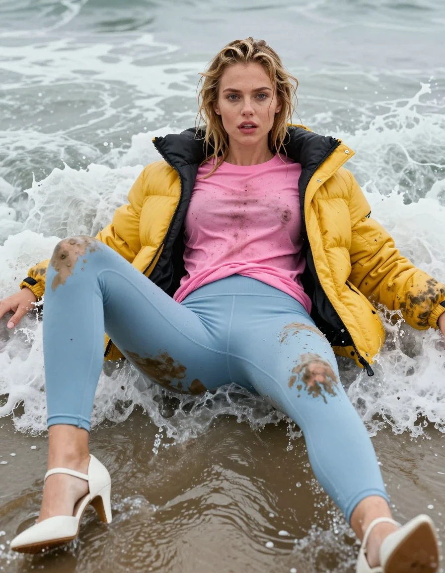 photo of young woman, in soaking wet, drenched clothes,
 white strappy stilettos , Dirty pale blue leggings , Very muddy yellow puffer jacket , dirty pink t-shirt , Lying in surf, legs apart, wet, 
enjoying, wet clothes stuck to body,
detailed textures of the wet clothes, wet face, wet plastered hair,
wet, drenched, professional, high-quality details, full body view.
sharp focus, ultra-high pixel detail, realistic, high-quality, full colors, incredibly detailed, 4k, 8k, 16k, hyper-realistic, RAW photo, masterpiece, ultra-detailed, professionally color graded, professional photograph, Blonde, soaking wet, wet skin, wet clothes, damp fabric