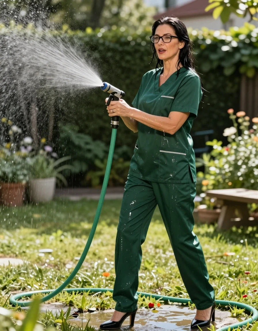 photo of young woman, in soaking wet, drenched clothes,
high-heeled shoes, dark green shiny scrubs, dark green shiny scrubs, spraying each other with the hose in the sunny garden, enjoying wet clothes stuck body, enjoying, wet clothes stuck to body, 
enjoying, wet clothes stuck to body,
detailed textures of the wet clothes, wet face, wet plastered hair,
wet, drenched, professional, high-quality details, full body view.
sharp focus, ultra-high pixel detail, realistic, high-quality, full colors, incredibly detailed, 4k, 8k, 16k, hyper-realistic, RAW photo, masterpiece, ultra-detailed, professionally color graded, professional photograph, europen brunette skinny woman 50 years old, long dark black hair, office glasses, very big and thick lips, complete body, wet skin, wet clothes, damp fabric, wet skin, wet clothes, damp fabric, wet skin, wet clothes, damp fabric, wet skin, wet clothes, damp fabric, wet skin, wet clothes, damp fabric, wet skin, wet clothes, damp fabric, wet skin, wet clothes, damp fabric