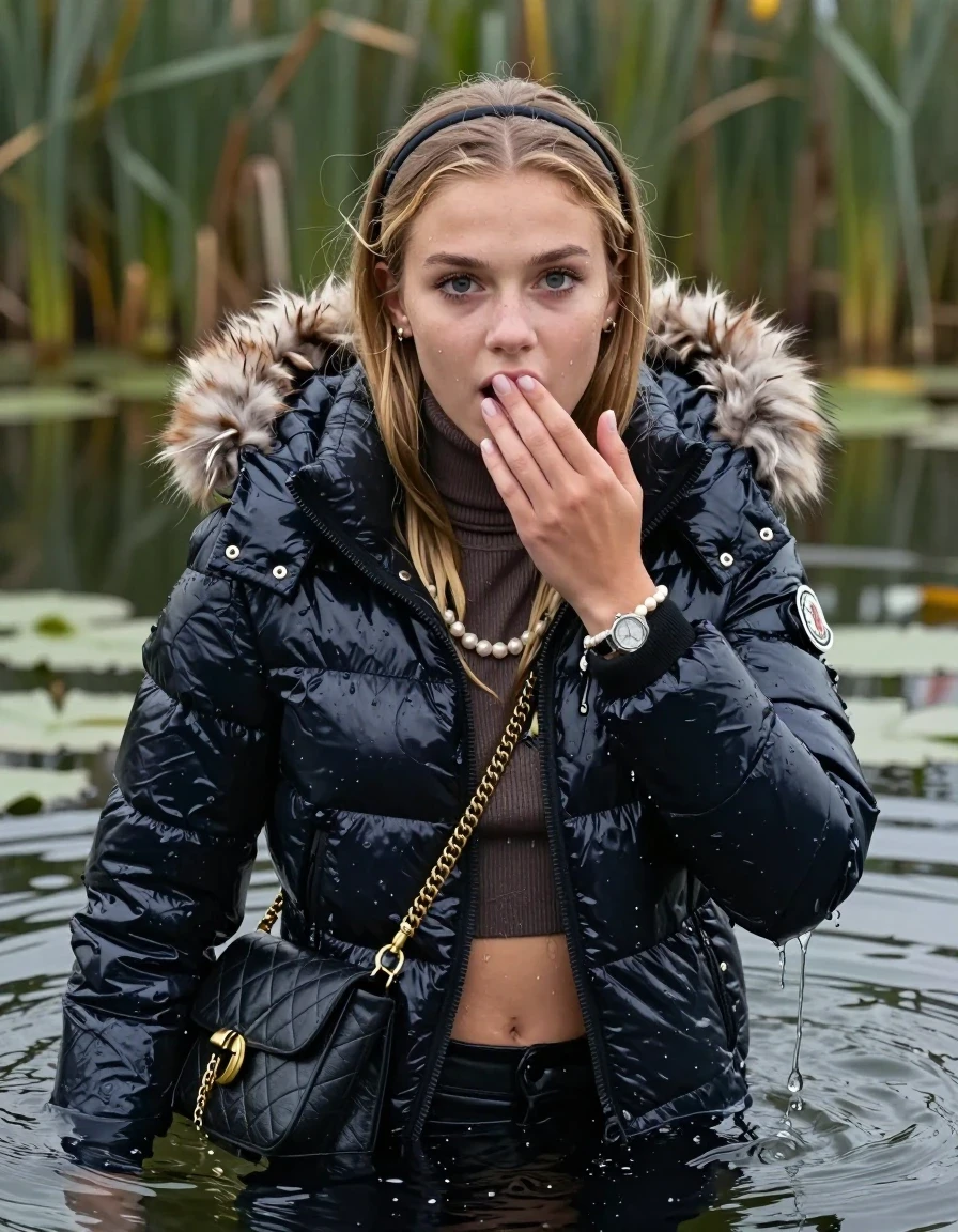 photo of young woman, in soaking wet, drenched clothes,
, , Moncler shiny puffer down jacket with fur, open jacket,  tight turtleneck sweater belly free, shoulderbag, pearl necklace, bracelet, wristwatch, Swimming and sinking deep into the water after diving in a lake with water lilies and reeds, 
enjoying, wet clothes stuck to body,
detailed textures of the wet clothes, wet face, wet plastered hair,
wet, drenched, professional, high-quality details, full body view.
sharp focus, ultra-high pixel detail, realistic, high-quality, full colors, incredibly detailed, 4k, 8k, 16k, hyper-realistic, RAW photo, masterpiece, ultra-detailed, professionally color graded, professional photograph, blonde Sleek long straight hair, hairband

15 years old  teenage girl

Looking up at camera, Whole body and shoulders are submerged under the surface. open mouth, big eyes. Make-up.

she is completely underwater up to her neck.

one hand over her mouth.

her submerged clothes are hardly vusible under water, she soaked her handbag into the water
she is completely underwater up to her neck, afraid and astonished expression. 

her clothing is soaking wet and clinging tightly to her skin, showing heavy wet folds, darkened fabric texture, and deep water-saturated Patches, her clothes are heavy from the water, water runs from her body and her clothes in streams. A lot of water also runs out of her clothes. Her clothes are darkened by the water. Her submerged clothes are good visible under the water.  she soaked her handbag into the water.

close up view, wet skin, wet clothes, wet hair, damp fabric, water runs down the clothes, wet skin, wet clothes, damp fabric. cinematic medium shot, hyper-realistic wetness, high-contrast water sheen, sharp focus, 16k resolution, professional photography, realistic water physics., wet skin, wet clothes, damp fabric, wet skin, wet clothes, damp fabric, wet skin, wet clothes, damp fabric, wet skin, wet clothes, damp fabric, wet skin, wet clothes, damp fabric