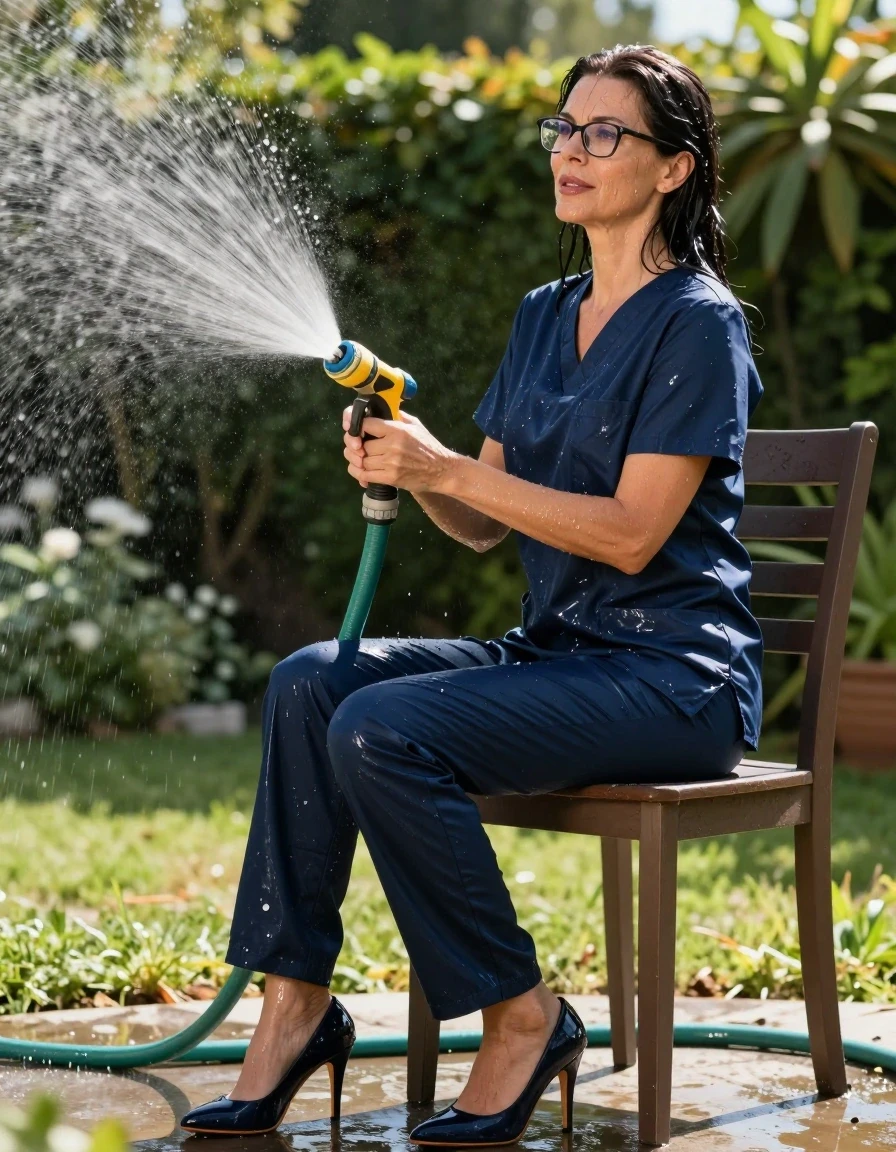 photo of young woman, in soaking wet, drenched clothes,
high-heeled shoes, shiny dark blue scrubs with skirt, shiny dark blue scrubs with skirt, spraying each other with the hose in the sunny garden, enjoying wet clothes stuck body, enjoying, wet clothes stuck to body, 
enjoying, wet clothes stuck to body,
detailed textures of the wet clothes, wet face, wet plastered hair,
wet, drenched, professional, high-quality details, full body view.
sharp focus, ultra-high pixel detail, realistic, high-quality, full colors, incredibly detailed, 4k, 8k, 16k, hyper-realistic, RAW photo, masterpiece, ultra-detailed, professionally color graded, professional photograph, on the chair, europen brunette skinny woman 50 years old, long dark black hair, office glasses, very big and thick lips, complete body, wet skin, wet clothes, damp fabric, wet skin, wet clothes, damp fabric, wet skin, wet clothes, damp fabric, wet skin, wet clothes, damp fabric, wet skin, wet clothes, damp fabric, wet skin, wet clothes, damp fabric, wet skin, wet clothes, damp fabric