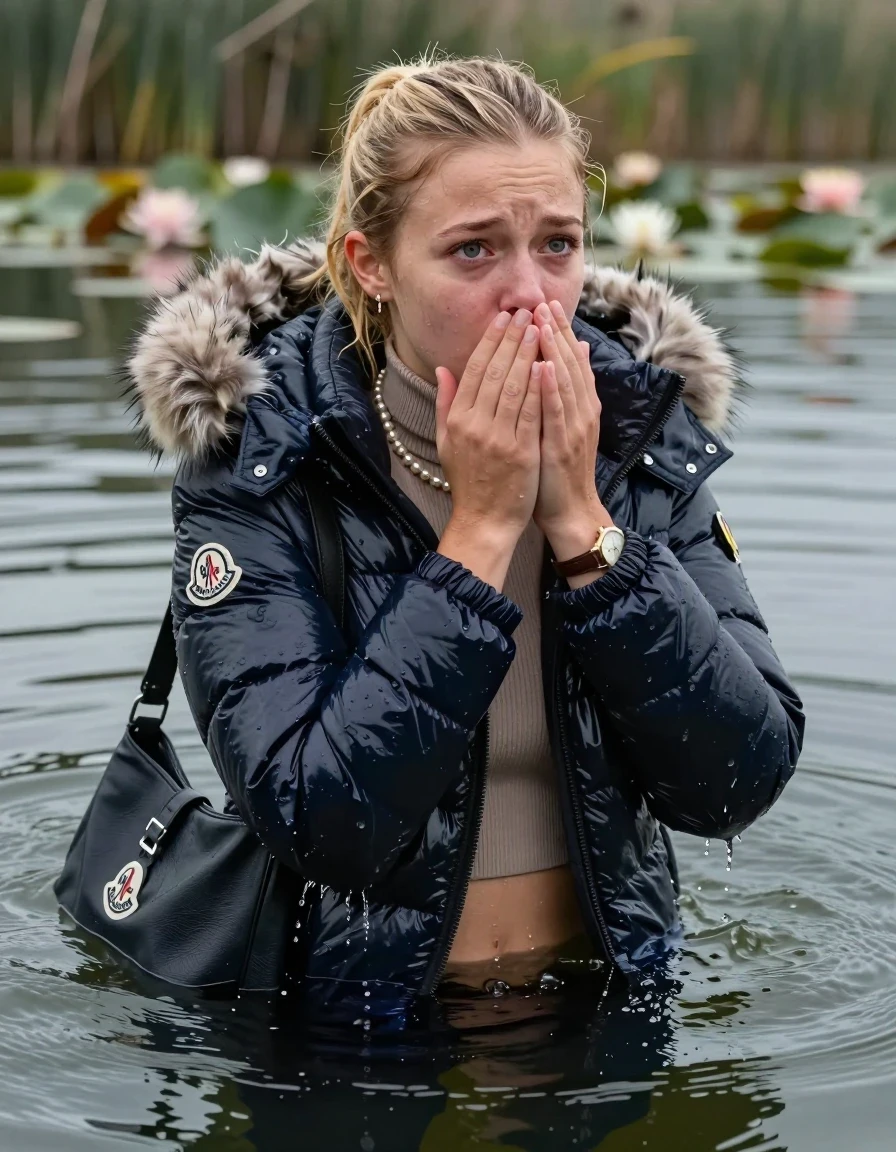 photo of young woman, in soaking wet, drenched clothes,
, , Moncler shiny puffer down jacket with fur, open jacket,  tight turtleneck sweater belly free, shoulderbag, pearl necklace, bracelet, wristwatch, Swimming and sinking deep into the water after diving in a lake with water lilies and reeds, 
enjoying, wet clothes stuck to body,
detailed textures of the wet clothes, wet face, wet plastered hair,
wet, drenched, professional, high-quality details, full body view.
sharp focus, ultra-high pixel detail, realistic, high-quality, full colors, incredibly detailed, 4k, 8k, 16k, hyper-realistic, RAW photo, masterpiece, ultra-detailed, professionally color graded, professional photograph, blonde Sleek ponytail 

15 years old  teenage girl

Looking up at camera, Whole body and shoulders are submerged under the surface. horny eyes.

she is completely underwater up to her neck,  crying and astonished expression. 

Leaning back. Hands over mouth and nose. 

her submerged clothes are hardly vusible under water, she soaked her handbag into the water
she is completely underwater up to her neck, afraid and astonished expression. 

her clothing is soaking wet and clinging tightly to her skin, showing heavy wet folds, darkened fabric texture, and deep water-saturated Patches, her clothes are heavy from the water, water runs from her body and her clothes in streams. A lot of water also runs out of her clothes. Her clothes are darkened by the water. Her submerged clothes are good visible under the water.  she soaked her handbag into the water.

close up view, wet skin, wet clothes, wet hair, damp fabric, water runs down the clothes, wet skin, wet clothes, damp fabric. cinematic medium shot, hyper-realistic wetness, high-contrast water sheen, sharp focus, 16k resolution, professional photography, realistic water physics., wet skin, wet clothes, damp fabric, wet skin, wet clothes, damp fabric, wet skin, wet clothes, damp fabric, wet skin, wet clothes, damp fabric, wet skin, wet clothes, damp fabric