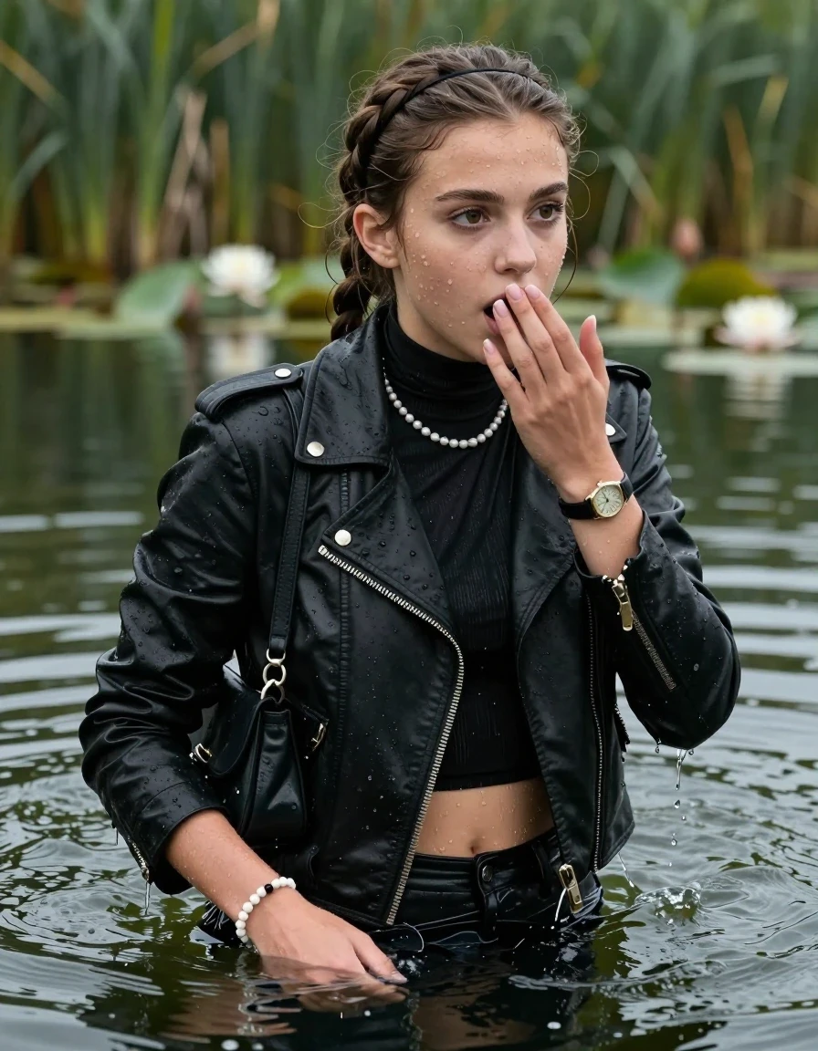 photo of young woman, in soaking wet, drenched clothes,
, , black biker leatherjacket, open jacket,  tight turtleneck sweater belly free, shoulderbag, pearl necklace, bracelet, wristwatch, Swimming and sinking deep into the water after diving in a lake with water lilies and reeds, 
enjoying, wet clothes stuck to body,
detailed textures of the wet clothes, wet face, wet plastered hair,
wet, drenched, professional, high-quality details, full body view.
sharp focus, ultra-high pixel detail, realistic, high-quality, full colors, incredibly detailed, 4k, 8k, 16k, hyper-realistic, RAW photo, masterpiece, ultra-detailed, professionally color graded, professional photograph, braided hair, hairband

15 years old  teenage girl

Looking away, Whole body and shoulders are submerged under the surface. open mouth, big eyes. Make-up.

she is completely underwater up to her neck.

one hand over her mouth.

her submerged clothes are hardly vusible under water, she soaked her handbag into the water
she is completely underwater up to her neck, astonished expression. 

her clothing is soaking wet and clinging tightly to her skin, showing heavy wet folds, darkened fabric texture, and deep water-saturated Patches, her clothes are heavy from the water, water runs from her body and her clothes in streams. A lot of water also runs out of her clothes. Her clothes are darkened by the water. Her submerged clothes are good visible under the water.  she soaked her handbag into the water.

close up view, wet skin, wet clothes, wet hair, damp fabric, water runs down the clothes, wet skin, wet clothes, damp fabric. cinematic medium shot, hyper-realistic wetness, high-contrast water sheen, sharp focus, 16k resolution, professional photography, realistic water physics., wet skin, wet clothes, damp fabric, wet skin, wet clothes, damp fabric, wet skin, wet clothes, damp fabric, wet skin, wet clothes, damp fabric, wet skin, wet clothes, damp fabric
