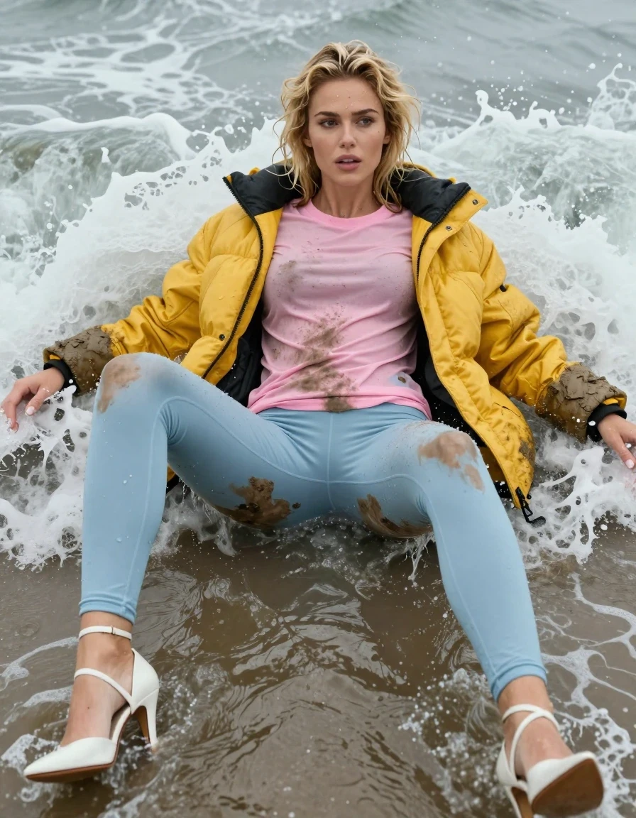 photo of young woman, in soaking wet, drenched clothes,
 white strappy stilettos , Dirty pale blue leggings , Very muddy yellow puffer jacket , dirty pink t-shirt , Lying in surf, legs apart, wet, 
enjoying, wet clothes stuck to body,
detailed textures of the wet clothes, wet face, wet plastered hair,
wet, drenched, professional, high-quality details, full body view.
sharp focus, ultra-high pixel detail, realistic, high-quality, full colors, incredibly detailed, 4k, 8k, 16k, hyper-realistic, RAW photo, masterpiece, ultra-detailed, professionally color graded, professional photograph, Blonde, soaking wet, wet skin, wet clothes, damp fabric