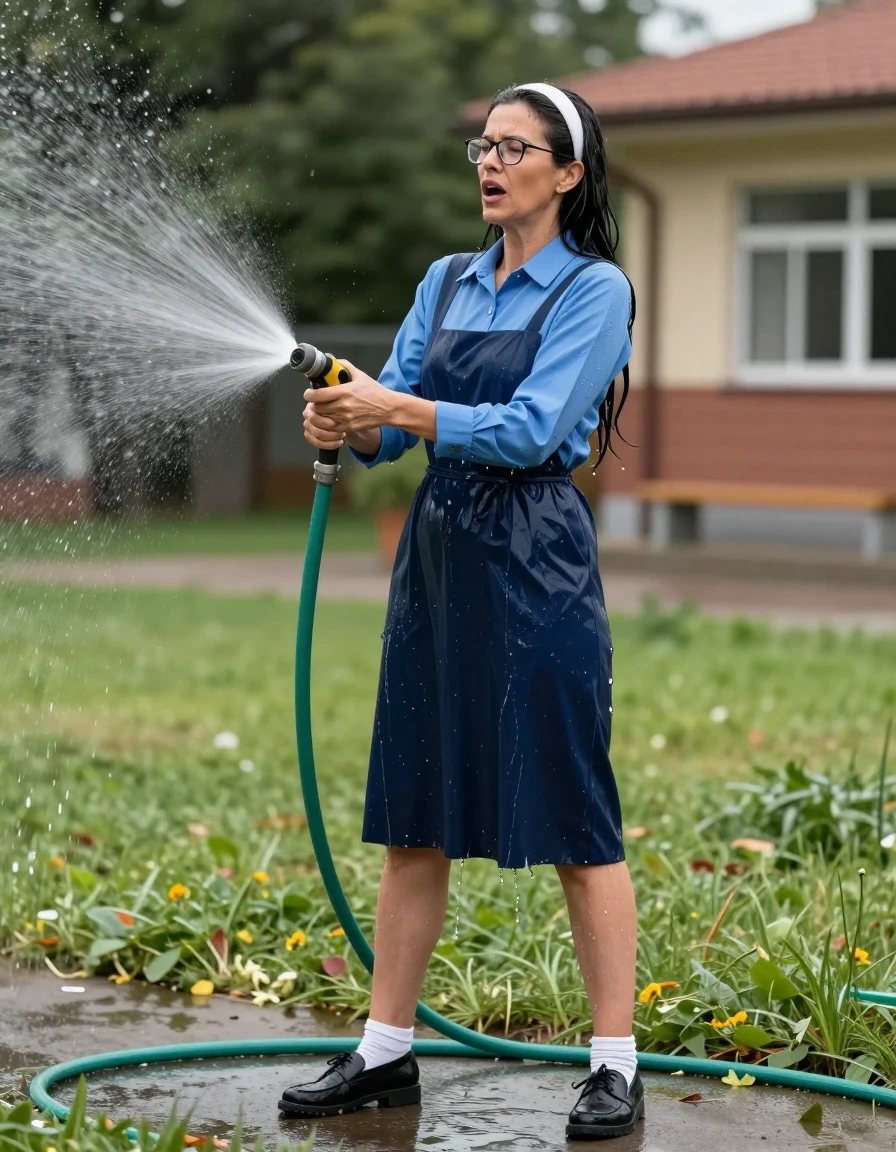 photo of young woman, in soaking wet, drenched clothes,
black shoes, white socks, long School blue pinafore to wear over a blue long-sleeved shirt, long School blue pinafore to wear over a blue long-sleeved shirt, spraying each other with the hose in the schoolyard, enjoying wet clothes stuck body, enjoying, wet clothes stuck to body, 
enjoying, wet clothes stuck to body,
detailed textures of the wet clothes, wet face, wet plastered hair,
wet, drenched, professional, high-quality details, full body view.
sharp focus, ultra-high pixel detail, realistic, high-quality, full colors, incredibly detailed, 4k, 8k, 16k, hyper-realistic, RAW photo, masterpiece, ultra-detailed, professionally color graded, professional photograph, europen brunette skinny woman 50 years old, long dark black hair,white headband, office glasses, very big and thick lips, complete body, wet skin, wet clothes, damp fabric, wet skin, wet clothes, damp fabric, wet skin, wet clothes, damp fabric, wet skin, wet clothes, damp fabric, wet skin, wet clothes, damp fabric, wet skin, wet clothes, damp fabric, wet skin, wet clothes, damp fabric