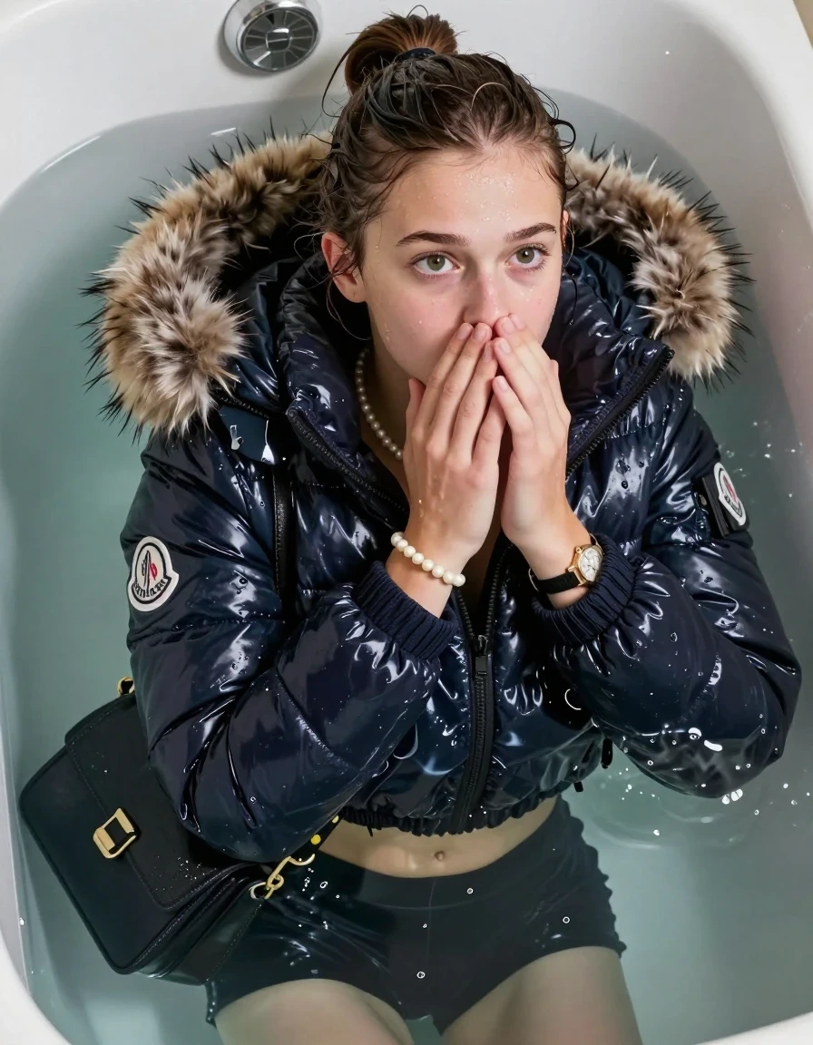 photo of young woman, in soaking wet, drenched clothes,
, , Moncler shiny puffer down jacket with fur, open jacket,  tight turtleneck sweater belly free, shoulderbag, pearl necklace, bracelet, wristwatch, Swimming and sinking deep into the water after diving in a bathtube, 
enjoying, wet clothes stuck to body,
detailed textures of the wet clothes, wet face, wet plastered hair,
wet, drenched, professional, high-quality details, full body view.
sharp focus, ultra-high pixel detail, realistic, high-quality, full colors, incredibly detailed, 4k, 8k, 16k, hyper-realistic, RAW photo, masterpiece, ultra-detailed, professionally color graded, professional photograph, Sleek ponytail 

15 years old  teenage girl

Looking up at camera, Whole body and shoulders are submerged under the surface. horny eyes.

she is completely underwater up to her neck,  fearful and shocked expression. 

Leaning back. Hands over mouth and nose. 

her submerged clothes are hardly vusible under water, she soaked her handbag into the water
she is completely underwater up to her neck, afraid and astonished expression. 

her clothing is soaking wet and clinging tightly to her skin, showing heavy wet folds, darkened fabric texture, and deep water-saturated Patches, her clothes are heavy from the water, water runs from her body and her clothes in streams. A lot of water also runs out of her clothes. Her clothes are darkened by the water. Her submerged clothes are good visible under the water.  she soaked her handbag into the water.

close up view, wet skin, wet clothes, wet hair, damp fabric, water runs down the clothes, wet skin, wet clothes, damp fabric. cinematic medium shot, hyper-realistic wetness, high-contrast water sheen, sharp focus, 16k resolution, professional photography, realistic water physics., wet skin, wet clothes, damp fabric, wet skin, wet clothes, damp fabric, wet skin, wet clothes, damp fabric, wet skin, wet clothes, damp fabric