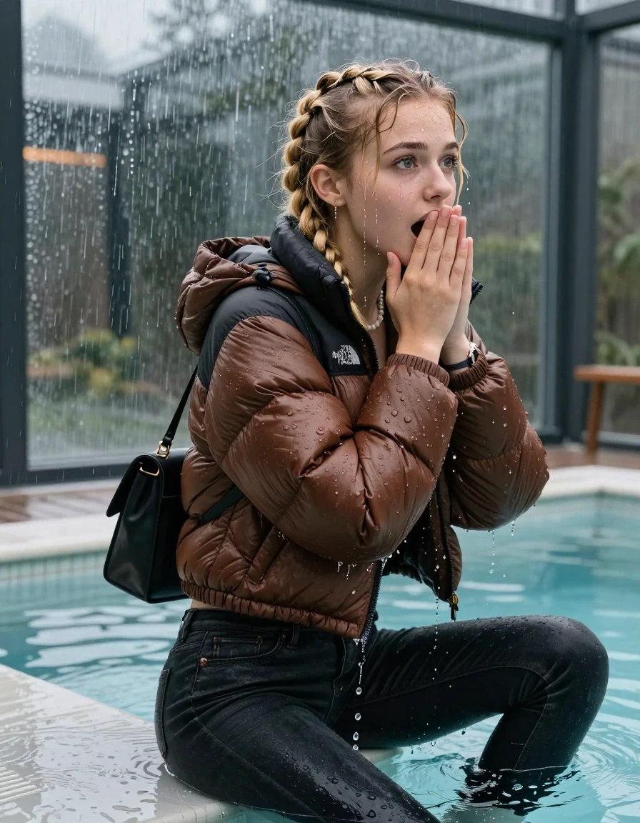 photo of young woman, in soaking wet, drenched clothes,
, Dark skinny jeans, brown north face puffer down jacket, Open jacket, tight v-neck sweater, shoulderbag, pearl necklace, bracelet, wristwatch, Orgasm in Steaming indoor jacuzzi , 
enjoying, wet clothes stuck to body,
detailed textures of the wet clothes, wet face, wet plastered hair,
wet, drenched, professional, high-quality details, full body view.
sharp focus, ultra-high pixel detail, realistic, high-quality, full colors, incredibly detailed, 4k, 8k, 16k, hyper-realistic, RAW photo, masterpiece, ultra-detailed, professionally color graded, professional photograph, A realistic vertical fashion photograph taken from a backward, behind-the-back angle of a 15-year-old teenage girl sitting  in a glass-walled outdoor swimming pool, facing to the camera to show her back. She is tilting her head at camera, letting the water drench her hair so it is glued flat against her head and body. She has two blonde long braids , completely saturated and dripping wet hair, with water cascading down her face and neck. Afraid and astonished expression. cover her mouth with her hands. open mouth, big eyes. The lighting is bright and cinematic, highlighting the glistening water droplets on her skin and the saturated texture of her  casual clothes. Outside the large glass wall of the pool building, heavy rain is visible falling against the window. Soft, moody indoor lighting with reflections on the water. High-quality fashion photography style.
her clothing is soaking wet and clinging tightly to her skin, showing heavy wet folds, darkened fabric texture, and deep water-saturated Patches, her clothes are heavy from the water, water runs from her body and her clothes in streams. A lot of water also runs out of her clothes. Her clothes are darkened by the water. 
hyper-realistic wetness, high-contrast water sheen, sharp focus, 16k resolution, professional photography, realistic water physics., wet skin, wet clothes, damp fabric, wet skin, wet clothes, damp fabric, wet skin, wet clothes, damp fabric, wet skin, wet clothes, damp fabric, wet skin, wet clothes, damp fabric, wet skin, wet clothes, damp fabric, wet skin, wet clothes, damp fabric, wet skin, wet clothes, damp fabric, wet skin, wet clothes, damp fabric, wet skin, wet clothes, damp fabric, wet skin, wet clothes, damp fabric, wet skin, wet clothes, damp fabric, wet skin, wet clothes, damp fabric, wet skin, wet clothes, damp fabric, wet skin, wet clothes, damp fabric, wet skin, wet clothes, damp fabric, wet skin, wet clothes, damp fabric, wet skin, wet clothes, damp fabric