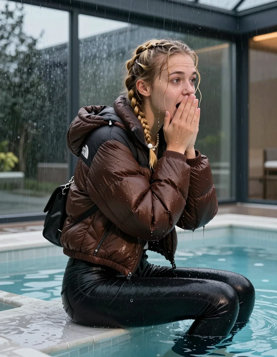 photo of young woman, in soaking wet, drenched clothes,
, Dark skinny jeans, brown north face puffer down jacket, Open jacket, tight v-neck sweater, shoulderbag, pearl necklace, bracelet, wristwatch, Organs in Steaming indoor jacuzzi , 
enjoying, wet clothes stuck to body,
detailed textures of the wet clothes, wet face, wet plastered hair,
wet, drenched, professional, high-quality details, full body view.
sharp focus, ultra-high pixel detail, realistic, high-quality, full colors, incredibly detailed, 4k, 8k, 16k, hyper-realistic, RAW photo, masterpiece, ultra-detailed, professionally color graded, professional photograph, A realistic vertical fashion photograph taken from a backward, behind-the-back angle of a 15-year-old teenage girl sitting  in a glass-walled outdoor swimming pool, facing to the camera to show her back. She is tilting her head at camera, letting the water drench her hair so it is glued flat against her head and body. She has two blonde long braids , completely saturated and dripping wet hair, with water cascading down her face and neck. Afraid and astonished expression. cover her mouth with her hands. open mouth, big eyes. The lighting is bright and cinematic, highlighting the glistening water droplets on her skin and the saturated texture of her  casual clothes. Outside the large glass wall of the pool building, heavy rain is visible falling against the window. Soft, moody indoor lighting with reflections on the water. High-quality fashion photography style.
her clothing is soaking wet and clinging tightly to her skin, showing heavy wet folds, darkened fabric texture, and deep water-saturated Patches, her clothes are heavy from the water, water runs from her body and her clothes in streams. A lot of water also runs out of her clothes. Her clothes are darkened by the water. 
hyper-realistic wetness, high-contrast water sheen, sharp focus, 16k resolution, professional photography, realistic water physics., wet skin, wet clothes, damp fabric, wet skin, wet clothes, damp fabric, wet skin, wet clothes, damp fabric, wet skin, wet clothes, damp fabric, wet skin, wet clothes, damp fabric, wet skin, wet clothes, damp fabric, wet skin, wet clothes, damp fabric, wet skin, wet clothes, damp fabric, wet skin, wet clothes, damp fabric, wet skin, wet clothes, damp fabric, wet skin, wet clothes, damp fabric, wet skin, wet clothes, damp fabric, wet skin, wet clothes, damp fabric, wet skin, wet clothes, damp fabric, wet skin, wet clothes, damp fabric, wet skin, wet clothes, damp fabric, wet skin, wet clothes, damp fabric, wet skin, wet clothes, damp fabric