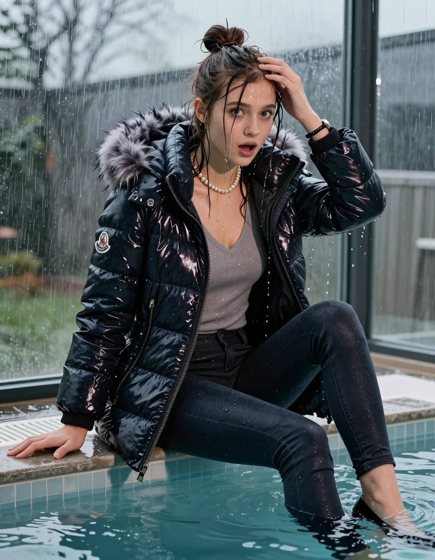 photo of young woman, in soaking wet, drenched clothes,
black heels, Dark skinny jeans, moncler long shiny puffer down coat with fur, Open jacket, tight v-neck sweater, shoulderbag, pearl necklace, bracelet, wristwatch, Steaming indoor jacuzzi , 
enjoying, wet clothes stuck to body,
detailed textures of the wet clothes, wet face, wet plastered hair,
wet, drenched, professional, high-quality details, full body view.
sharp focus, ultra-high pixel detail, realistic, high-quality, full colors, incredibly detailed, 4k, 8k, 16k, hyper-realistic, RAW photo, masterpiece, ultra-detailed, professionally color graded, professional photograph, A realistic vertical fashion photograph of a 15-year-old teenage girl sitting in a glass-walled outdoor swimming pool, facing to the camera to show her back. She is tilting her head at camera, letting the water drench her hair so it is glued flat against her head and body. She has half-up hair with a topknot, completely saturated and dripping wet hair, with water cascading down her face and neck. Afraid and astonished expression. She hold a hand in front of her head. open mouth, big eyes. The lighting is bright and cinematic, highlighting the glistening water droplets on her skin and the saturated texture of her  casual clothes. Outside the large glass wall of the pool building, heavy rain is visible falling against the window. Soft, moody indoor lighting with reflections on the water. High-quality fashion photography style.
her clothing is soaking wet and clinging tightly to her skin, showing heavy wet folds, darkened fabric texture, and deep water-saturated Patches, her clothes are heavy from the water, water runs from her body and her clothes in streams. A lot of water also runs out of her clothes. Her clothes are darkened by the water. 
hyper-realistic wetness, high-contrast water sheen, sharp focus, 16k resolution, professional photography, realistic water physics., wet skin, wet clothes, damp fabric, wet skin, wet clothes, damp fabric, wet skin, wet clothes, damp fabric, wet skin, wet clothes, damp fabric, wet skin, wet clothes, damp fabric, wet skin, wet clothes, damp fabric, wet skin, wet clothes, damp fabric, wet skin, wet clothes, damp fabric, wet skin, wet clothes, damp fabric, wet skin, wet clothes, damp fabric, wet skin, wet clothes, damp fabric, wet skin, wet clothes, damp fabric, wet skin, wet clothes, damp fabric, wet skin, wet clothes, damp fabric, wet skin, wet clothes, damp fabric, wet skin, wet clothes, damp fabric, wet skin, wet clothes, damp fabric, wet skin, wet clothes, damp fabric