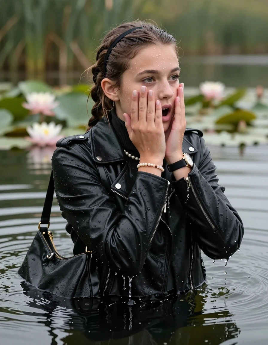 photo of young woman, in soaking wet, drenched clothes,
, , black biker leatherjacket,  closed jacket, tight knit turtleneck sweater belly free, shoulderbag, pearl necklace, bracelet, wristwatch, Swimming and sinking deep into the water after diving in a lake with water lilies and reeds, 
enjoying, wet clothes stuck to body,
detailed textures of the wet clothes, wet face, wet plastered hair,
wet, drenched, professional, high-quality details, full body view.
sharp focus, ultra-high pixel detail, realistic, high-quality, full colors, incredibly detailed, 4k, 8k, 16k, hyper-realistic, RAW photo, masterpiece, ultra-detailed, professionally color graded, professional photograph, braided hair, hairband

15 years old  teenage girl

Looking away, Whole body and shoulders are submerged under the surface. open mouth, big eyes. Make-up.

she is completely underwater up to her neck.

hands cover whole face.

her submerged clothes are hardly vusible under water, she soaked her handbag into the water
she is completely underwater up to her neck, astonished expression. 

her clothing is soaking wet and clinging tightly to her skin, showing heavy wet folds, darkened fabric texture, and deep water-saturated Patches, her clothes are heavy from the water, water runs from her body and her clothes in streams. A lot of water also runs out of her clothes. Her clothes are darkened by the water. Her submerged clothes are good visible under the water.  she soaked her handbag into the water.

close up view, wet skin, wet clothes, wet hair, damp fabric, water runs down the clothes, wet skin, wet clothes, damp fabric. cinematic medium shot, hyper-realistic wetness, high-contrast water sheen, sharp focus, 16k resolution, professional photography, realistic water physics., wet skin, wet clothes, damp fabric, wet skin, wet clothes, damp fabric, wet skin, wet clothes, damp fabric, wet skin, wet clothes, damp fabric, wet skin, wet clothes, damp fabric