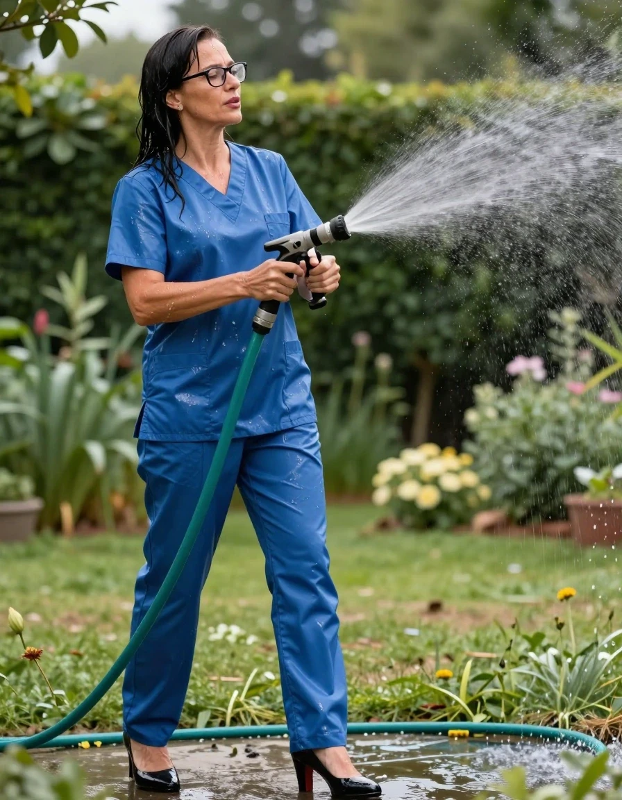 photo of young woman, in soaking wet, drenched clothes,
high-heeled shoes, blue shiny scrubs, blue shiny scrubs, spraying each other with the hose in the sunny garden, enjoying wet clothes stuck body, enjoying, wet clothes stuck to body, 
enjoying, wet clothes stuck to body,
detailed textures of the wet clothes, wet face, wet plastered hair,
wet, drenched, professional, high-quality details, full body view.
sharp focus, ultra-high pixel detail, realistic, high-quality, full colors, incredibly detailed, 4k, 8k, 16k, hyper-realistic, RAW photo, masterpiece, ultra-detailed, professionally color graded, professional photograph, europen brunette skinny woman 50 years old, long dark black hair, office glasses, very big and thick lips, complete body, wet skin, wet clothes, damp fabric, wet skin, wet clothes, damp fabric, wet skin, wet clothes, damp fabric, wet skin, wet clothes, damp fabric, wet skin, wet clothes, damp fabric, wet skin, wet clothes, damp fabric, wet skin, wet clothes, damp fabric