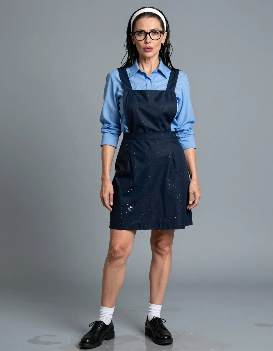 photo of young woman, in soaking wet, drenched clothes,
black shoes, white socks, School pinafore to wear over a blue long-sleeved shirt, School pinafore to wear over a blue long-sleeved shirt, enjoying wet clothes stuck body, enjoying, wet clothes stuck to body, 
enjoying, wet clothes stuck to body,
detailed textures of the wet clothes, wet face, wet plastered hair,
wet, drenched, professional, high-quality details, full body view.
sharp focus, ultra-high pixel detail, realistic, high-quality, full colors, incredibly detailed, 4k, 8k, 16k, hyper-realistic, RAW photo, masterpiece, ultra-detailed, professionally color graded, professional photograph, europen brunette skinny woman 50 years old, long dark black hair,white headband, office glasses, very big and thick lips, complete body, wet skin, wet clothes, damp fabric, wet skin, wet clothes, damp fabric, wet skin, wet clothes, damp fabric, wet skin, wet clothes, damp fabric, wet skin, wet clothes, damp fabric, wet skin, wet clothes, damp fabric, wet skin, wet clothes, damp fabric