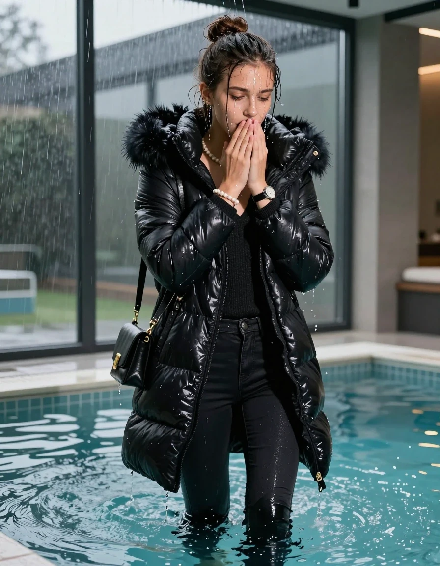 photo of young woman, in soaking wet, drenched clothes,
black heels, Dark skinny jeans, black moncler long shiny puffer down coat with fur, Open jacket, tight v-neck sweater, shoulderbag, pearl necklace, bracelet, wristwatch, Steaming indoor jacuzzi , 
enjoying, wet clothes stuck to body,
detailed textures of the wet clothes, wet face, wet plastered hair,
wet, drenched, professional, high-quality details, full body view.
sharp focus, ultra-high pixel detail, realistic, high-quality, full colors, incredibly detailed, 4k, 8k, 16k, hyper-realistic, RAW photo, masterpiece, ultra-detailed, professionally color graded, professional photograph, A realistic vertical fashion photograph of a 15-year-old teenage girl slides back from the edge into the water of a glass-walled outdoor swimming pool, facing down to show her back. She is tilting her head at camera, letting the water drench her hair so it is glued flat against her head and body. She has a topknot, completely saturated and dripping wet hair, with water cascading down her face and neck. Afraid and astonished expression. She hold her hands over her mouth. half closed eyes eyes. The lighting is bright and cinematic, highlighting the glistening water droplets on her skin and the saturated texture of her  casual clothes. Outside the large glass wall of the pool building, heavy rain is visible falling against the window. Soft, moody indoor lighting with reflections on the water. High-quality fashion photography style.
her clothing is soaking wet and clinging tightly to her skin, showing heavy wet folds, darkened fabric texture, and deep water-saturated Patches, her clothes are heavy from the water, water runs from her body and her clothes in streams. A lot of water also runs out of her clothes. Her clothes are darkened by the water. 
hyper-realistic wetness, high-contrast water sheen, sharp focus, 16k resolution, professional photography, realistic water physics., wet skin, wet clothes, damp fabric, wet skin, wet clothes, damp fabric, wet skin, wet clothes, damp fabric, wet skin, wet clothes, damp fabric, wet skin, wet clothes, damp fabric, wet skin, wet clothes, damp fabric, wet skin, wet clothes, damp fabric, wet skin, wet clothes, damp fabric, wet skin, wet clothes, damp fabric, wet skin, wet clothes, damp fabric, wet skin, wet clothes, damp fabric, wet skin, wet clothes, damp fabric, wet skin, wet clothes, damp fabric, wet skin, wet clothes, damp fabric, wet skin, wet clothes, damp fabric, wet skin, wet clothes, damp fabric, wet skin, wet clothes, damp fabric, wet skin, wet clothes, damp fabric