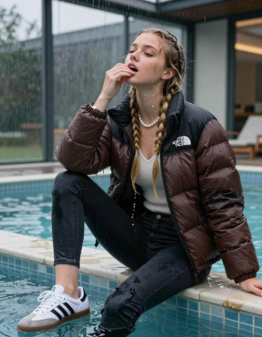 photo of young woman, in soaking wet, drenched clothes,
white sneakers adidas samba black striped, Dark skinny jeans,  north face puffer down jacket, Open jacket, tight v-neck sweater, shoulderbag, pearl necklace, bracelet, wristwatch, Steaming indoor jacuzzi , 
enjoying, wet clothes stuck to body,
detailed textures of the wet clothes, wet face, wet plastered hair,
wet, drenched, professional, high-quality details, full body view.
sharp focus, ultra-high pixel detail, realistic, high-quality, full colors, incredibly detailed, 4k, 8k, 16k, hyper-realistic, RAW photo, masterpiece, ultra-detailed, professionally color graded, professional photograph, A realistic vertical fashion photograph of a 15-year-old teenage girl sitting  in a glass-walled outdoor swimming pool, legs apart, hold her hands over her mouth, looking up to the camera. She is tilting her head up, letting the water drench her hair so it is glued flat against her head and body. She has two blonde long braids , completely saturated and dripping wet hair, with water cascading down her face and neck. Horny and aroused expression. open mouth, closed eyes. The lighting is bright and cinematic, highlighting the glistening water droplets on her skin and the saturated texture of her  casual clothes. Outside the large glass wall of the pool building, heavy rain is visible falling against the window. Soft, moody indoor lighting with reflections on the water. High-quality fashion photography style.
her clothing is soaking wet and clinging tightly to her skin, showing heavy wet folds, darkened fabric texture, and deep water-saturated Patches, her clothes are heavy from the water, water runs from her body and her clothes in streams. A lot of water also runs out of her clothes. Her clothes are darkened by the water. 
hyper-realistic wetness, high-contrast water sheen, sharp focus, 16k resolution, professional photography, realistic water physics., wet skin, wet clothes, damp fabric, wet skin, wet clothes, damp fabric, wet skin, wet clothes, damp fabric, wet skin, wet clothes, damp fabric, wet skin, wet clothes, damp fabric, wet skin, wet clothes, damp fabric, wet skin, wet clothes, damp fabric, wet skin, wet clothes, damp fabric, wet skin, wet clothes, damp fabric, wet skin, wet clothes, damp fabric, wet skin, wet clothes, damp fabric, wet skin, wet clothes, damp fabric, wet skin, wet clothes, damp fabric, wet skin, wet clothes, damp fabric, wet skin, wet clothes, damp fabric, wet skin, wet clothes, damp fabric