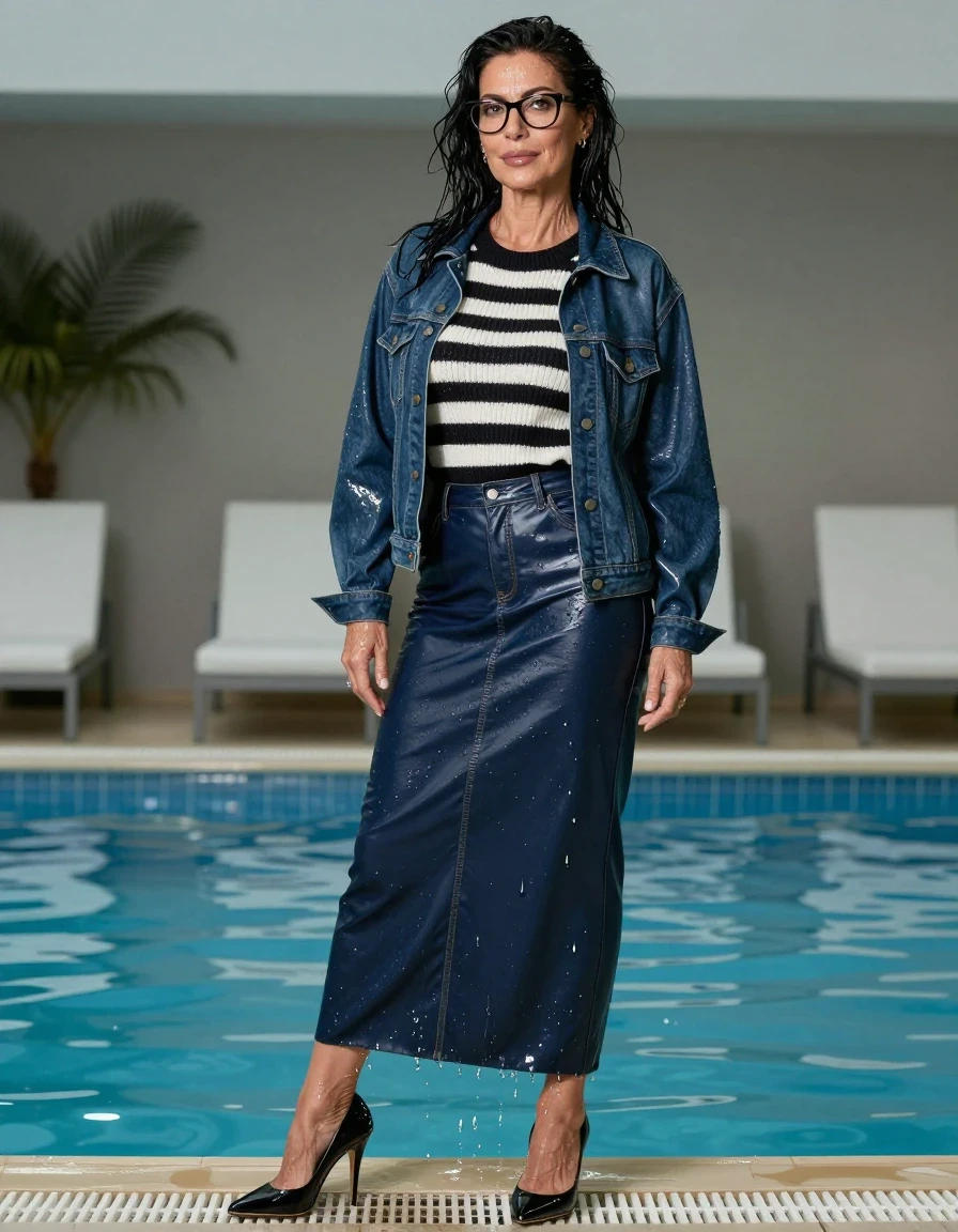 photo of young woman, in soaking wet, drenched clothes,
high-heeled shoes, shiny dark blue leather denim maxi skirt, shiny black & wihite striped sweater, maxi shiny dark blue denim jacket, after swim in pool, enjoying wet clothes stuck body, enjoying, wet clothes stuck to body, 
enjoying, wet clothes stuck to body,
detailed textures of the wet clothes, wet face, wet plastered hair,
wet, drenched, professional, high-quality details, full body view.
sharp focus, ultra-high pixel detail, realistic, high-quality, full colors, incredibly detailed, 4k, 8k, 16k, hyper-realistic, RAW photo, masterpiece, ultra-detailed, professionally color graded, professional photograph, europen brunette skinny woman 50 years old, long dark black hair, office glasses, very big and thick lips, complete body, wet skin, wet clothes, damp fabric, wet skin, wet clothes, damp fabric, wet skin, wet clothes, damp fabric, wet skin, wet clothes, damp fabric, wet skin, wet clothes, damp fabric, wet skin, wet clothes, damp fabric, wet skin, wet clothes, damp fabric