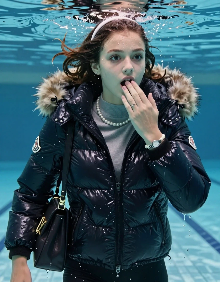 photo of young woman, in soaking wet, drenched clothes,
, , Moncler shiny puffer down jacket with fur, open jacket,  tight turtleneck sweater belly free, shoulderbag, pearl necklace, bracelet, wristwatch, Swimming and sinking deep into the water after diving in a glass-walled indoor swimming pool, 
enjoying, wet clothes stuck to body,
detailed textures of the wet clothes, wet face, wet plastered hair,
wet, drenched, professional, high-quality details, full body view.
sharp focus, ultra-high pixel detail, realistic, high-quality, full colors, incredibly detailed, 4k, 8k, 16k, hyper-realistic, RAW photo, masterpiece, ultra-detailed, professionally color graded, professional photograph, collarbone bob, hairband

15 years old  teenage girl

Looking away, Whole body and shoulders are submerged under the surface. open mouth, big eyes. Make-up.

she is completely underwater up to her neck.

one hand over her mouth.

her submerged clothes are hardly vusible under water, she soaked her handbag into the water
she is completely underwater up to her neck, astonished expression. 

her clothing is soaking wet and clinging tightly to her skin, showing heavy wet folds, darkened fabric texture, and deep water-saturated Patches, her clothes are heavy from the water, water runs from her body and her clothes in streams. A lot of water also runs out of her clothes. Her clothes are darkened by the water. Her submerged clothes are good visible under the water.  she soaked her handbag into the water.

close up view, wet skin, wet clothes, wet hair, damp fabric, water runs down the clothes, wet skin, wet clothes, damp fabric. cinematic medium shot, hyper-realistic wetness, high-contrast water sheen, sharp focus, 16k resolution, professional photography, realistic water physics., wet skin, wet clothes, damp fabric, wet skin, wet clothes, damp fabric, wet skin, wet clothes, damp fabric, wet skin, wet clothes, damp fabric, wet skin, wet clothes, damp fabric, wet skin, wet clothes, damp fabric