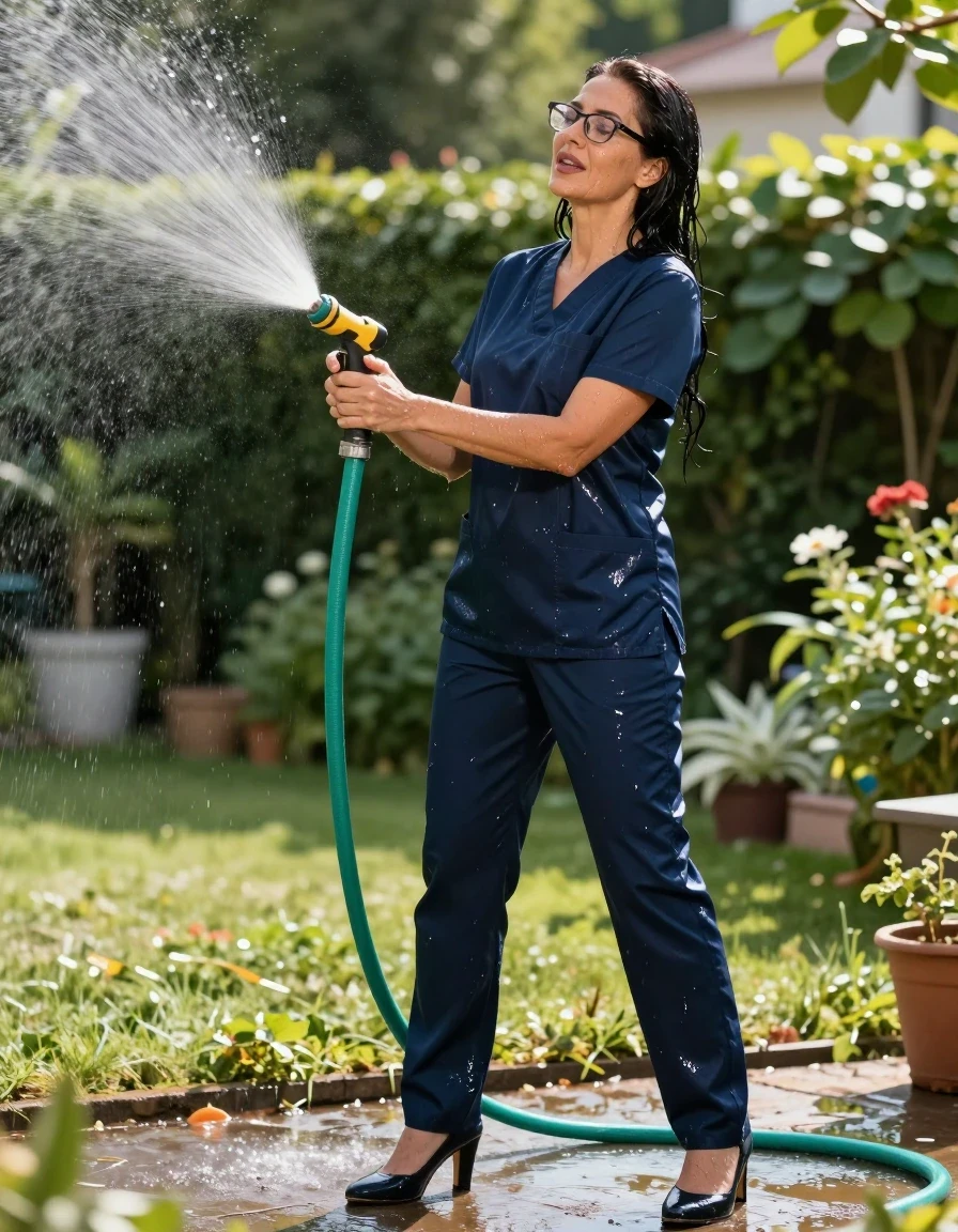photo of young woman, in soaking wet, drenched clothes,
high-heeled shoes, dark blue shiny scrubs, dark blue shiny scrubs, spraying each other with the hose in the sunny garden, enjoying wet clothes stuck body, enjoying, wet clothes stuck to body, 
enjoying, wet clothes stuck to body,
detailed textures of the wet clothes, wet face, wet plastered hair,
wet, drenched, professional, high-quality details, full body view.
sharp focus, ultra-high pixel detail, realistic, high-quality, full colors, incredibly detailed, 4k, 8k, 16k, hyper-realistic, RAW photo, masterpiece, ultra-detailed, professionally color graded, professional photograph, europen brunette skinny woman 50 years old, long dark black hair, office glasses, very big and thick lips, complete body, wet skin, wet clothes, damp fabric, wet skin, wet clothes, damp fabric, wet skin, wet clothes, damp fabric, wet skin, wet clothes, damp fabric, wet skin, wet clothes, damp fabric, wet skin, wet clothes, damp fabric, wet skin, wet clothes, damp fabric
