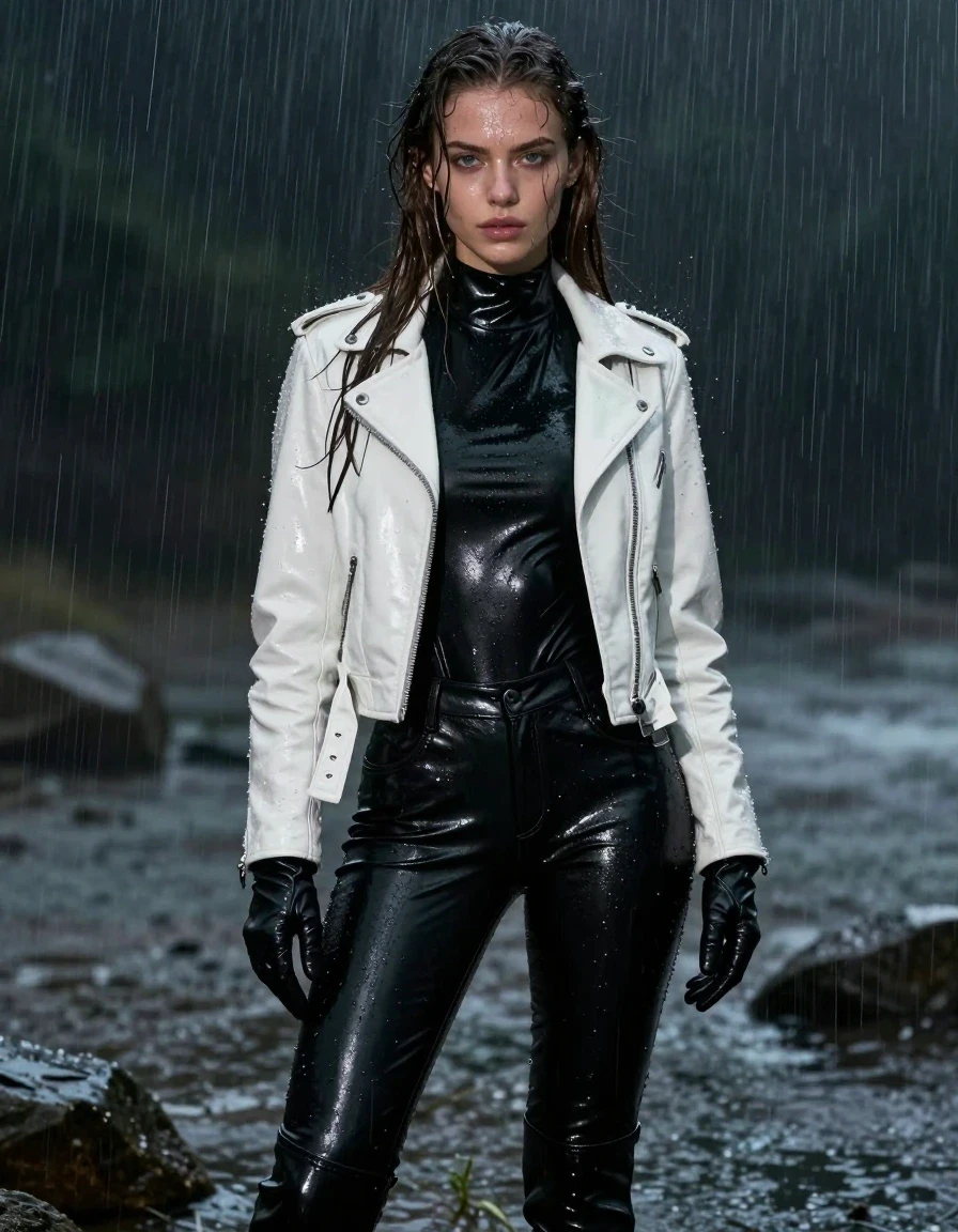 A stunning young adult European woman with long, dripping wet brown hair, standing at a coastal cove during a dark, heavy rainstorm. Her skin is glistening and drenched with visible water sheen. She is wearing a black leather polar neck catsuit that is soaked and clinging to her body, paired with black leather pants and black leather knee-high boots, all featuring a high-gloss, wet-look finish with dark, saturated tones and heavy water runoff. She wears tight-fitting black leather gloves on both hands, topped with a white biker leather jacket that is heavy with rainwater, showing visible water saturation, surface sheen, and damp fabric textures. The lighting is moody and atmospheric at night, with the rain creating a dense, drenched environment. The image is highly detailed, photorealistic, focusing on the textures of wet leather, clinging fabric, and the glistening, rain-slicked skin of the subject, captured with sharp focus and cinematic lighting. No nudity, clean anatomy, professional photography.