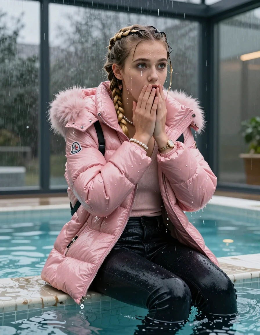 photo of young woman, in soaking wet, drenched clothes,
, Dark skinny jeans, pink moncler shiny puffer down coat with fur, Open jacket, tight v-neck sweater, shoulderbag, pearl necklace, bracelet, wristwatch, Steaming indoor jacuzzi , 
enjoying, wet clothes stuck to body,
detailed textures of the wet clothes, wet face, wet plastered hair,
wet, drenched, professional, high-quality details, full body view.
sharp focus, ultra-high pixel detail, realistic, high-quality, full colors, incredibly detailed, 4k, 8k, 16k, hyper-realistic, RAW photo, masterpiece, ultra-detailed, professionally color graded, professional photograph, A realistic vertical fashion photograph taken from a backward, behind-the-back angle of a 15-year-old teenage girl sitting  in a glass-walled outdoor swimming pool, facing to the camera to show her back. She is tilting her head at camera, letting the water drench her hair so it is glued flat against her head and body. She has two blonde long braids , completely saturated and dripping wet hair, with water cascading down her face and neck. Afraid and astonished expression. cover her mouth with her hands. open mouth, big eyes. The lighting is bright and cinematic, highlighting the glistening water droplets on her skin and the saturated texture of her  casual clothes. Outside the large glass wall of the pool building, heavy rain is visible falling against the window. Soft, moody indoor lighting with reflections on the water. High-quality fashion photography style.
her clothing is soaking wet and clinging tightly to her skin, showing heavy wet folds, darkened fabric texture, and deep water-saturated Patches, her clothes are heavy from the water, water runs from her body and her clothes in streams. A lot of water also runs out of her clothes. Her clothes are darkened by the water. 
hyper-realistic wetness, high-contrast water sheen, sharp focus, 16k resolution, professional photography, realistic water physics., wet skin, wet clothes, damp fabric, wet skin, wet clothes, damp fabric, wet skin, wet clothes, damp fabric, wet skin, wet clothes, damp fabric, wet skin, wet clothes, damp fabric, wet skin, wet clothes, damp fabric, wet skin, wet clothes, damp fabric, wet skin, wet clothes, damp fabric, wet skin, wet clothes, damp fabric, wet skin, wet clothes, damp fabric, wet skin, wet clothes, damp fabric, wet skin, wet clothes, damp fabric, wet skin, wet clothes, damp fabric, wet skin, wet clothes, damp fabric, wet skin, wet clothes, damp fabric, wet skin, wet clothes, damp fabric, wet skin, wet clothes, damp fabric