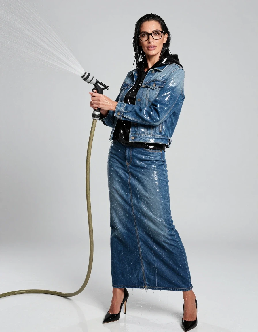 photo of young woman, in soaking wet, drenched clothes,
high-heeled shoes, shiny blue denim maxi skirt, shiny black hoodie, shiny blue maxi denim jacket, spraying each other with the hose, enjoying wet clothes stuck body, enjoying, wet clothes stuck to body, 
enjoying, wet clothes stuck to body,
detailed textures of the wet clothes, wet face, wet plastered hair,
wet, drenched, professional, high-quality details, full body view.
sharp focus, ultra-high pixel detail, realistic, high-quality, full colors, incredibly detailed, 4k, 8k, 16k, hyper-realistic, RAW photo, masterpiece, ultra-detailed, professionally color graded, professional photograph, europen brunette skinny woman 50 years old, long dark black hair, office glasses, very big and thick lips, complete body, wet skin, wet clothes, damp fabric, wet skin, wet clothes, damp fabric, wet skin, wet clothes, damp fabric, wet skin, wet clothes, damp fabric, wet skin, wet clothes, damp fabric, wet skin, wet clothes, damp fabric, wet skin, wet clothes, damp fabric