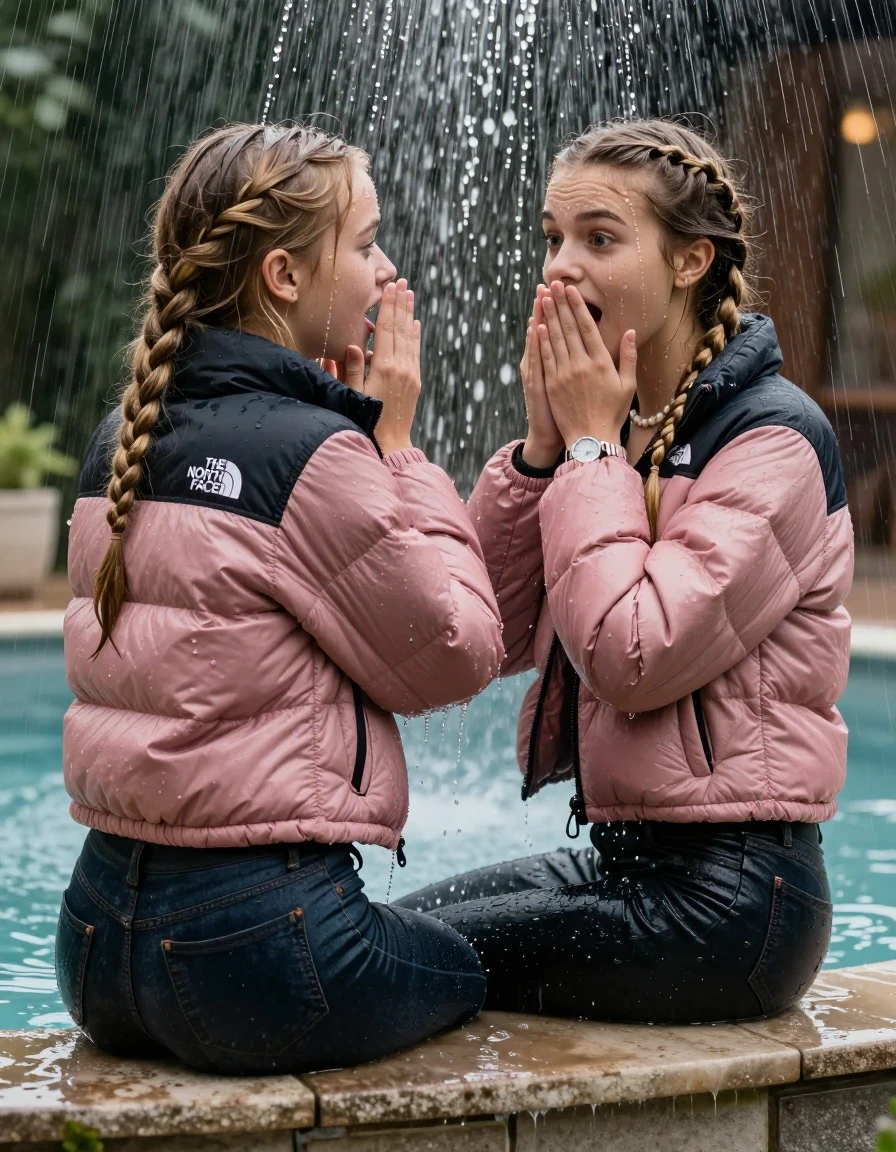 photo of young woman, in soaking wet, drenched clothes,
, Dark skinny jeans, Pink north face puffer down jacket, Open jacket, tight v-neck sweater, shoulderbag, pearl necklace, bracelet, wristwatch, Steaming outdoor jacuzzi , 
enjoying, wet clothes stuck to body,
detailed textures of the wet clothes, wet face, wet plastered hair,
wet, drenched, professional, high-quality details, full body view.
sharp focus, ultra-high pixel detail, realistic, high-quality, full colors, incredibly detailed, 4k, 8k, 16k, hyper-realistic, RAW photo, masterpiece, ultra-detailed, professionally color graded, professional photograph, A realistic vertical fashion photograph taken from a backward, behind-the-back angle of two young cute teenage girl sitting on the edge of the pool while it pours water on her during a heavy storm, facing to the camera to show her back. She is tilting her head at camera, letting the water drench her hair so it is glued flat against her head and body. She has two hydrogen-blonde long braids , completely saturated and dripping wet hair, with water cascading down her face and neck. Afraid and astonished expression. cover her mouth with her hands. open mouth, big eyes. The lighting is bright and cinematic, highlighting the glistening water droplets on her skin and the saturated texture of her  casual clothes. Soft, moody indoor lighting with reflections on the water. High-quality fashion photography style.
her clothing is soaking wet and clinging tightly to her skin, showing heavy wet folds, darkened fabric texture, and deep water-saturated Patches, her clothes are heavy from the water, water runs from her body and her clothes in streams. A lot of water also runs out of her clothes. Her clothes are darkened by the water. 
hyper-realistic wetness, high-contrast water sheen, sharp focus, 16k resolution, professional photography, realistic water physics., wet skin, wet clothes, damp fabric, wet skin, wet clothes, damp fabric, wet skin, wet clothes, damp fabric, wet skin, wet clothes, damp fabric, wet skin, wet clothes, damp fabric, wet skin, wet clothes, damp fabric, wet skin, wet clothes, damp fabric, wet skin, wet clothes, damp fabric, wet skin, wet clothes, damp fabric, wet skin, wet clothes, damp fabric, wet skin, wet clothes, damp fabric, wet skin, wet clothes, damp fabric, wet skin, wet clothes, damp fabric, wet skin, wet clothes, damp fabric, wet skin, wet clothes, damp fabric, wet skin, wet clothes, damp fabric