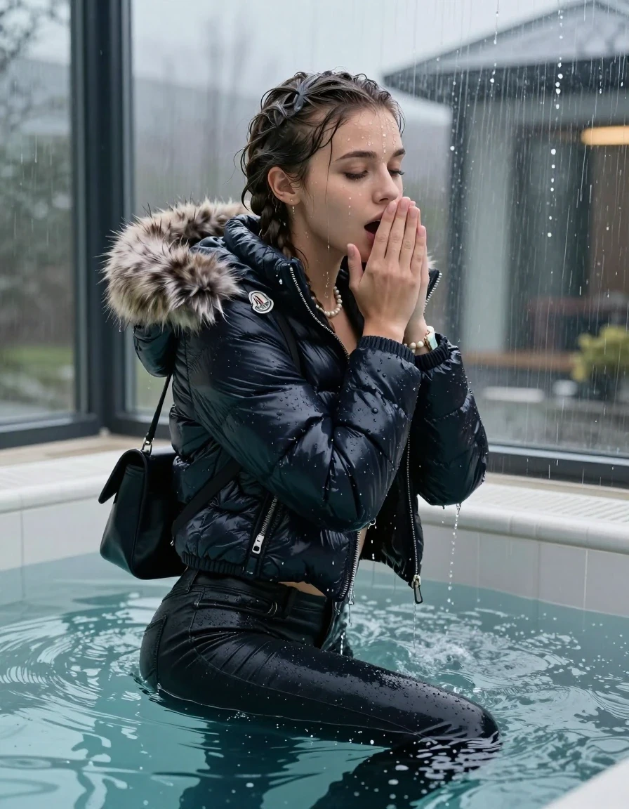 photo of young woman, in soaking wet, drenched clothes,
, Dark skinny jeans, Moncler shiny puffer down jacket with fur, Open jacket, tight v-neck sweater, shoulderbag, pearl necklace, bracelet, wristwatch, Lying in Steaming indoor jacuzzi , 
enjoying, wet clothes stuck to body,
detailed textures of the wet clothes, wet face, wet plastered hair,
wet, drenched, professional, high-quality details, full body view.
sharp focus, ultra-high pixel detail, realistic, high-quality, full colors, incredibly detailed, 4k, 8k, 16k, hyper-realistic, RAW photo, masterpiece, ultra-detailed, professionally color graded, professional photograph, A realistic vertical fashion photograph taken from a backward, behind-the-back angle of a 15-year-old teenage girl in a glass-walled outdoor swimming pool, facing to the camera to show her back. She is tilting her head down at camera, letting the water drench her hair so it is glued flat against her head and body. She has two long braids , completely saturated and dripping wet hair, with water cascading down her face and neck. Horny and astonished expression. Hold her hands over her mouth. open mouth, closed eyes. The lighting is bright and cinematic, highlighting the glistening water droplets on her skin and the saturated texture of her  casual clothes. Outside the large glass wall of the pool building, heavy rain is visible falling against the window. Soft, moody indoor lighting with reflections on the water. High-quality fashion photography style.
her clothing is soaking wet and clinging tightly to her skin, showing heavy wet folds, darkened fabric texture, and deep water-saturated Patches, her clothes are heavy from the water, water runs from her body and her clothes in streams. A lot of water also runs out of her clothes. Her clothes are darkened by the water. 
hyper-realistic wetness, high-contrast water sheen, sharp focus, 16k resolution, professional photography, realistic water physics., wet skin, wet clothes, damp fabric, wet skin, wet clothes, damp fabric, wet skin, wet clothes, damp fabric, wet skin, wet clothes, damp fabric, wet skin, wet clothes, damp fabric, wet skin, wet clothes, damp fabric, wet skin, wet clothes, damp fabric, wet skin, wet clothes, damp fabric, wet skin, wet clothes, damp fabric, wet skin, wet clothes, damp fabric, wet skin, wet clothes, damp fabric, wet skin, wet clothes, damp fabric, wet skin, wet clothes, damp fabric, wet skin, wet clothes, damp fabric, wet skin, wet clothes, damp fabric, wet skin, wet clothes, damp fabric, wet skin, wet clothes, damp fabric, wet skin, wet clothes, damp fabric
