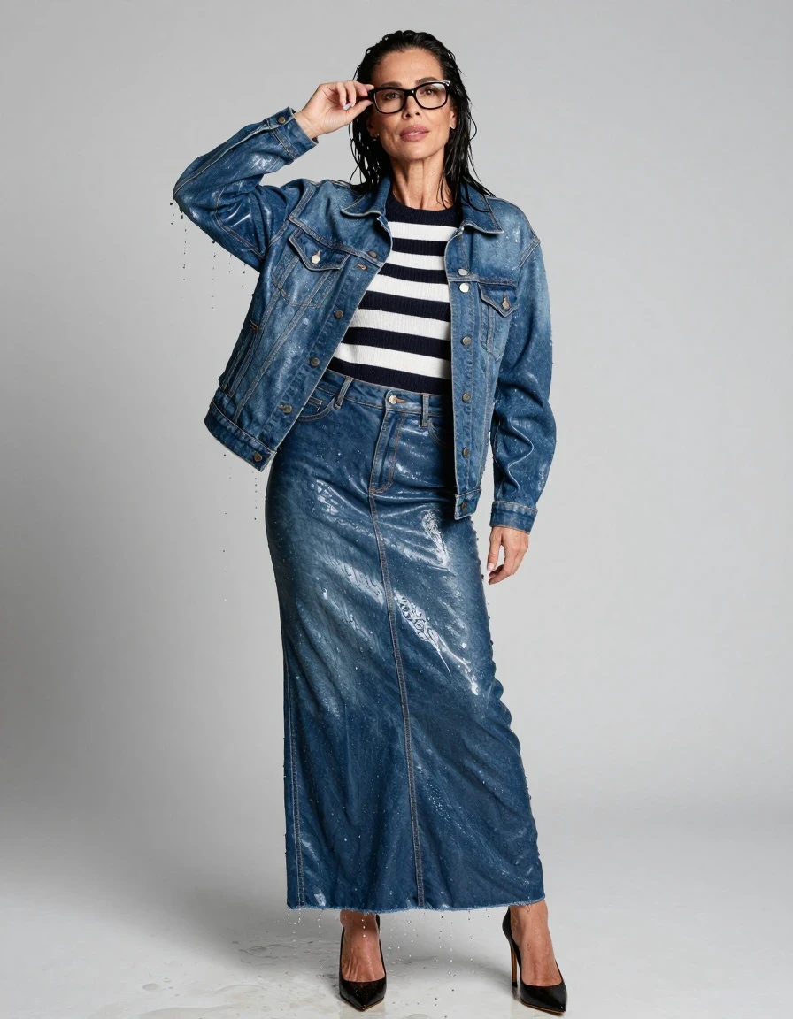 photo of young woman, in soaking wet, drenched clothes,
high-heeled shoes, shiny blue leather denim maxi skirt, shiny black & wihite striped sweater, maxi shiny blue denim jacket, enjoying wet clothes stuck body, enjoying, wet clothes stuck to body, 
enjoying, wet clothes stuck to body,
detailed textures of the wet clothes, wet face, wet plastered hair,
wet, drenched, professional, high-quality details, full body view.
sharp focus, ultra-high pixel detail, realistic, high-quality, full colors, incredibly detailed, 4k, 8k, 16k, hyper-realistic, RAW photo, masterpiece, ultra-detailed, professionally color graded, professional photograph, europen brunette skinny woman 50 years old, long dark black hair, office glasses, very big and thick lips, complete body, wet skin, wet clothes, damp fabric, wet skin, wet clothes, damp fabric, wet skin, wet clothes, damp fabric, wet skin, wet clothes, damp fabric, wet skin, wet clothes, damp fabric, wet skin, wet clothes, damp fabric, wet skin, wet clothes, damp fabric
