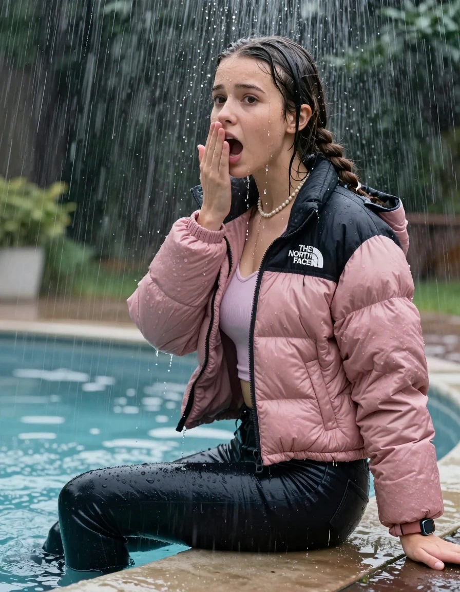 photo of young woman, in soaking wet, drenched clothes,
, Dark skinny jeans, Pink north face puffer down jacket, Open jacket, tight v-neck sweater, shoulderbag, pearl necklace, bracelet, wristwatch, Steaming outdoor jacuzzi , 
enjoying, wet clothes stuck to body,
detailed textures of the wet clothes, wet face, wet plastered hair,
wet, drenched, professional, high-quality details, full body view.
sharp focus, ultra-high pixel detail, realistic, high-quality, full colors, incredibly detailed, 4k, 8k, 16k, hyper-realistic, RAW photo, masterpiece, ultra-detailed, professionally color graded, professional photograph, A realistic vertical fashion photograph taken from a backward, behind-the-back angle of a 15-year-old teenage girl sitting on the edge of the pool while it pours water on her during a heavy storm, facing to the camera to show her back. She is tilting her head at camera, letting the water drench her hair so it is glued flat against her head and body. She has two long braids , completely saturated and dripping wet hair, with water cascading down her face and neck. Afraid and astonished expression. cover her mouth with her hands. open mouth, big eyes. The lighting is bright and cinematic, highlighting the glistening water droplets on her skin and the saturated texture of her  casual clothes. Soft, moody indoor lighting with reflections on the water. High-quality fashion photography style.
her clothing is soaking wet and clinging tightly to her skin, showing heavy wet folds, darkened fabric texture, and deep water-saturated Patches, her clothes are heavy from the water, water runs from her body and her clothes in streams. A lot of water also runs out of her clothes. Her clothes are darkened by the water. 
hyper-realistic wetness, high-contrast water sheen, sharp focus, 16k resolution, professional photography, realistic water physics., wet skin, wet clothes, damp fabric, wet skin, wet clothes, damp fabric, wet skin, wet clothes, damp fabric, wet skin, wet clothes, damp fabric, wet skin, wet clothes, damp fabric, wet skin, wet clothes, damp fabric, wet skin, wet clothes, damp fabric, wet skin, wet clothes, damp fabric, wet skin, wet clothes, damp fabric, wet skin, wet clothes, damp fabric, wet skin, wet clothes, damp fabric, wet skin, wet clothes, damp fabric, wet skin, wet clothes, damp fabric, wet skin, wet clothes, damp fabric, wet skin, wet clothes, damp fabric, wet skin, wet clothes, damp fabric