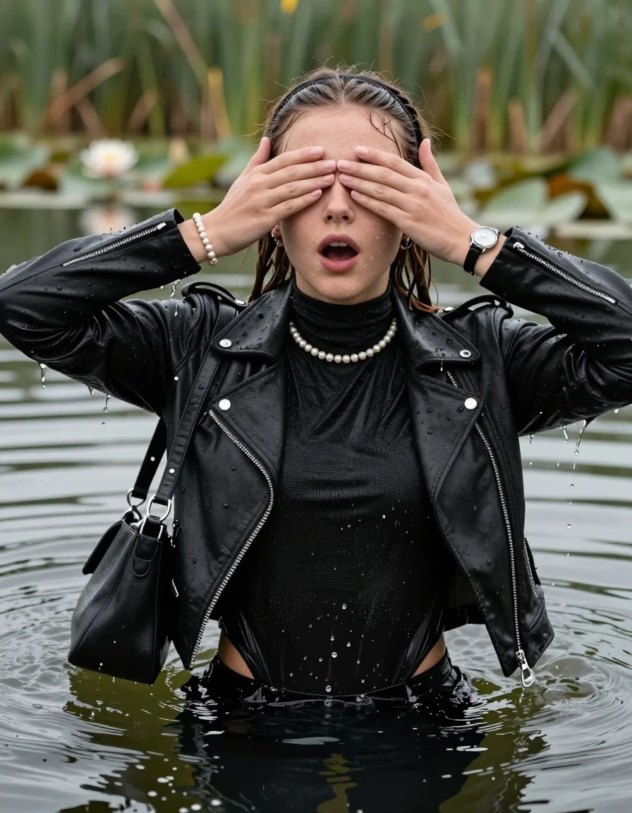 photo of young woman, in soaking wet, drenched clothes,
, , black biker leatherjacket, open jacket,  tight turtleneck sweater belly free, shoulderbag, pearl necklace, bracelet, wristwatch, Swimming and sinking deep into the water after diving in a lake with water lilies and reeds, 
enjoying, wet clothes stuck to body,
detailed textures of the wet clothes, wet face, wet plastered hair,
wet, drenched, professional, high-quality details, full body view.
sharp focus, ultra-high pixel detail, realistic, high-quality, full colors, incredibly detailed, 4k, 8k, 16k, hyper-realistic, RAW photo, masterpiece, ultra-detailed, professionally color graded, professional photograph, braided hair, hairband

15 years old  teenage girl

Looking away, Whole body and shoulders are submerged under the surface. open mouth, big eyes. Make-up.

she is completely underwater up to her neck.

one hand over her eyes.

her submerged clothes are hardly vusible under water, she soaked her handbag into the water
she is completely underwater up to her neck, astonished expression. 

her clothing is soaking wet and clinging tightly to her skin, showing heavy wet folds, darkened fabric texture, and deep water-saturated Patches, her clothes are heavy from the water, water runs from her body and her clothes in streams. A lot of water also runs out of her clothes. Her clothes are darkened by the water. Her submerged clothes are good visible under the water.  she soaked her handbag into the water.

close up view, wet skin, wet clothes, wet hair, damp fabric, water runs down the clothes, wet skin, wet clothes, damp fabric. cinematic medium shot, hyper-realistic wetness, high-contrast water sheen, sharp focus, 16k resolution, professional photography, realistic water physics., wet skin, wet clothes, damp fabric, wet skin, wet clothes, damp fabric, wet skin, wet clothes, damp fabric, wet skin, wet clothes, damp fabric, wet skin, wet clothes, damp fabric