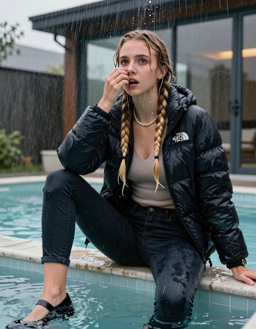 photo of young woman, in soaking wet, drenched clothes,
black heels, Dark skinny jeans,  north face puffer down jacket, Open jacket, tight v-neck sweater, shoulderbag, pearl necklace, bracelet, wristwatch, Steaming outdoor jacuzzi , 
enjoying, wet clothes stuck to body,
detailed textures of the wet clothes, wet face, wet plastered hair,
wet, drenched, professional, high-quality details, full body view.
sharp focus, ultra-high pixel detail, realistic, high-quality, full colors, incredibly detailed, 4k, 8k, 16k, hyper-realistic, RAW photo, masterpiece, ultra-detailed, professionally color graded, professional photograph, A realistic vertical fashion photograph of a 15-year-old teenage girl sitting  in a glass-walled outdoor swimming pool while it pours water on her during a heavy storm , legs apart, cover her nose with a hand, looking at camera. She is tilting her head up, letting the water drench her hair so it is glued flat against her head and body. She has two blonde long braids , completely saturated and dripping wet hair, with water cascading down her face and neck. afraid and astonished expression. open mouth, big eyes. The lighting is bright and cinematic, highlighting the glistening water droplets on her skin and the saturated texture of her  casual clothes. Outside the large glass wall of the pool building, heavy rain is visible falling against the window. Soft, moody indoor lighting with reflections on the water. High-quality fashion photography style.
her clothing is soaking wet and clinging tightly to her skin, showing heavy wet folds, darkened fabric texture, and deep water-saturated Patches, her clothes are heavy from the water, water runs from her body and her clothes in streams. A lot of water also runs out of her clothes. Her clothes are darkened by the water. 
hyper-realistic wetness, high-contrast water sheen, sharp focus, 16k resolution, professional photography, realistic water physics., wet skin, wet clothes, damp fabric, wet skin, wet clothes, damp fabric, wet skin, wet clothes, damp fabric, wet skin, wet clothes, damp fabric, wet skin, wet clothes, damp fabric, wet skin, wet clothes, damp fabric, wet skin, wet clothes, damp fabric, wet skin, wet clothes, damp fabric, wet skin, wet clothes, damp fabric, wet skin, wet clothes, damp fabric, wet skin, wet clothes, damp fabric, wet skin, wet clothes, damp fabric, wet skin, wet clothes, damp fabric, wet skin, wet clothes, damp fabric, wet skin, wet clothes, damp fabric, wet skin, wet clothes, damp fabric