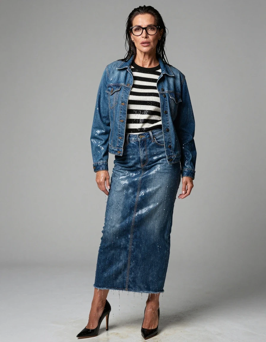 photo of young woman, in soaking wet, drenched clothes,
high-heeled shoes, shiny blue denim maxi skirt, shiny black & wihite striped sweater, maxi shiny blue denim jacket, enjoying wet clothes stuck body, enjoying, wet clothes stuck to body, 
enjoying, wet clothes stuck to body,
detailed textures of the wet clothes, wet face, wet plastered hair,
wet, drenched, professional, high-quality details, full body view.
sharp focus, ultra-high pixel detail, realistic, high-quality, full colors, incredibly detailed, 4k, 8k, 16k, hyper-realistic, RAW photo, masterpiece, ultra-detailed, professionally color graded, professional photograph, europen brunette skinny woman 50 years old, long dark black hair, office glasses, very big and thick lips, complete body, wet skin, wet clothes, damp fabric, wet skin, wet clothes, damp fabric, wet skin, wet clothes, damp fabric, wet skin, wet clothes, damp fabric, wet skin, wet clothes, damp fabric, wet skin, wet clothes, damp fabric, wet skin, wet clothes, damp fabric